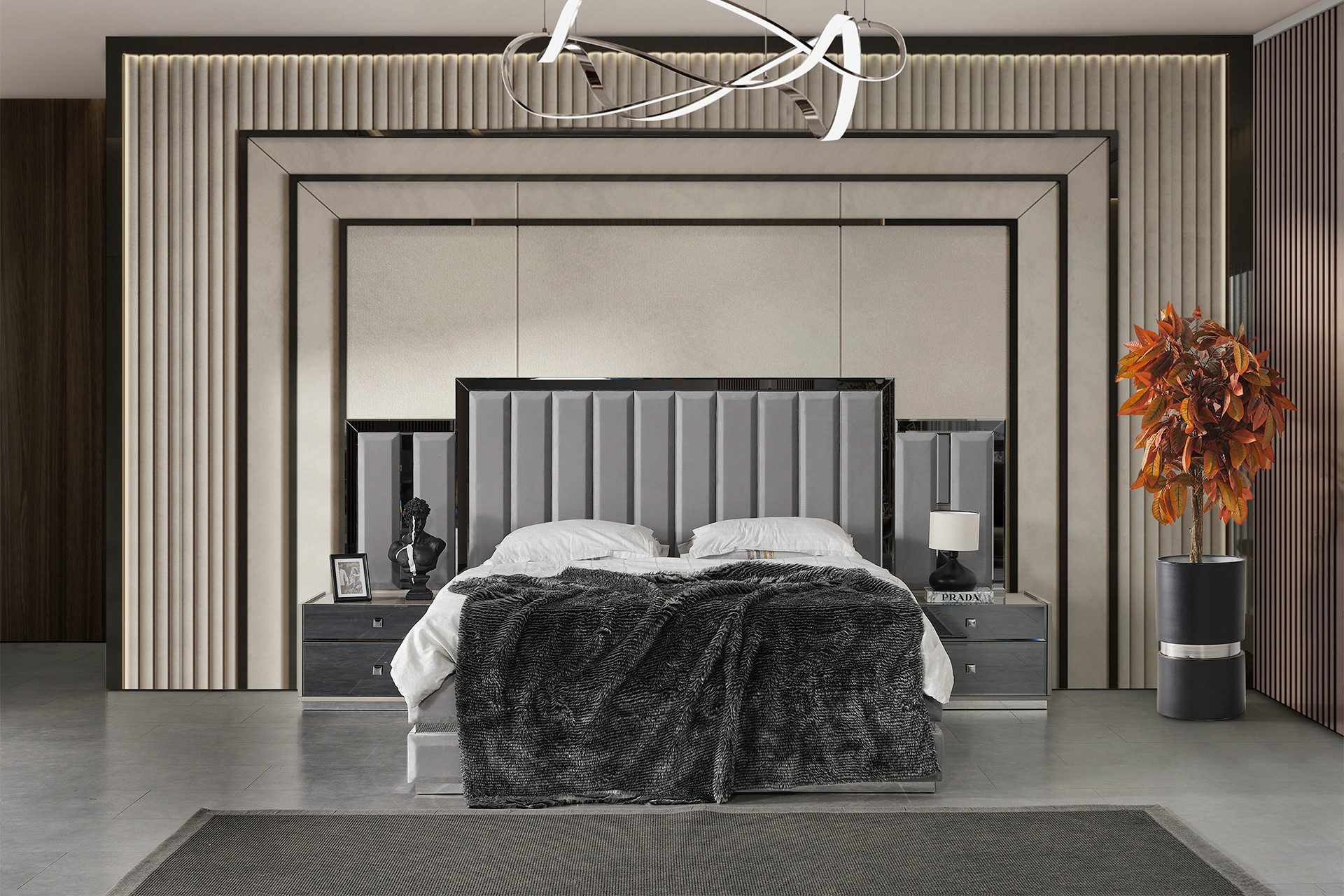 JVmoebel Schlafzimmer-Set Graue Polsterbett Garnitur mit Nachttischen aus Holz, (3-tlg), Made in Europa