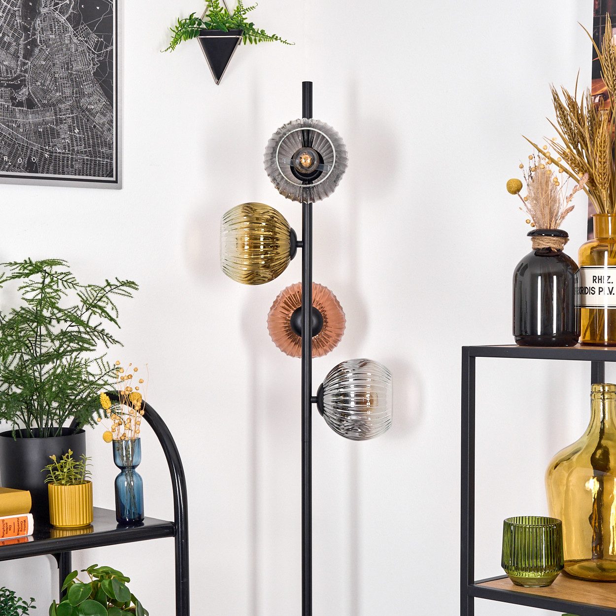 hofstein Stehlampe Stehlampe aus Metall/Riffelglas in Schwarz/Gold/Rauch/Kupfer/Klar, ohne Leuchtmittel, Stehleuchte Retro/Vintage, Ø Schirme 15 cm, Fußschalter, 160 cm, E14
