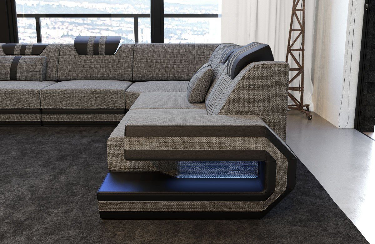 Dreams Strukturstoff Polster Form Stoff Ecksofa Sofa Stoffsofa, H Designer Ragusa Hocker Sofa wahlweise Couch grau-schwarz mit L