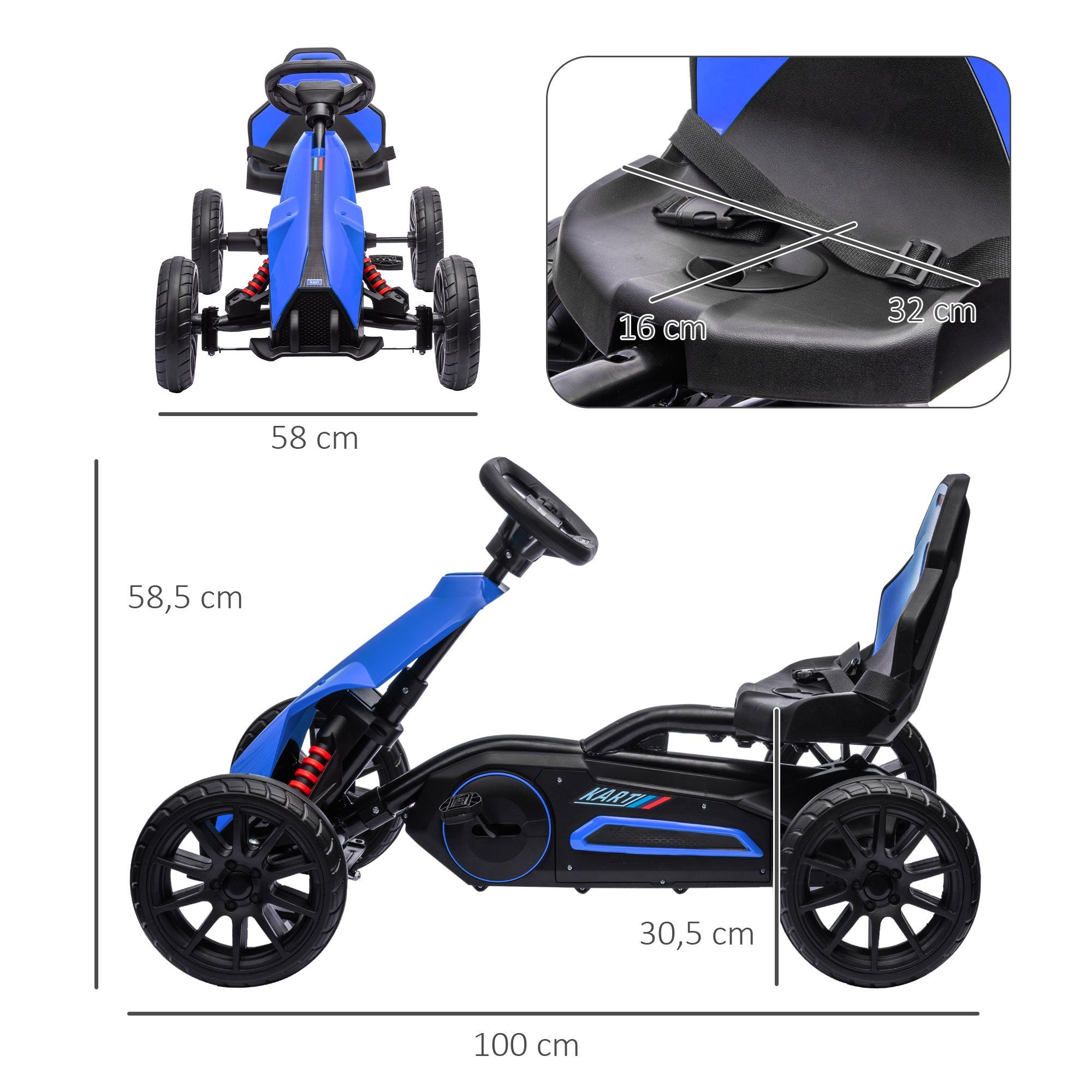 HOMCOM Go-Kart Kinderfahrzeug mit verstellbarem Sitz, Tretfahrzeug, für Kinder, Blau