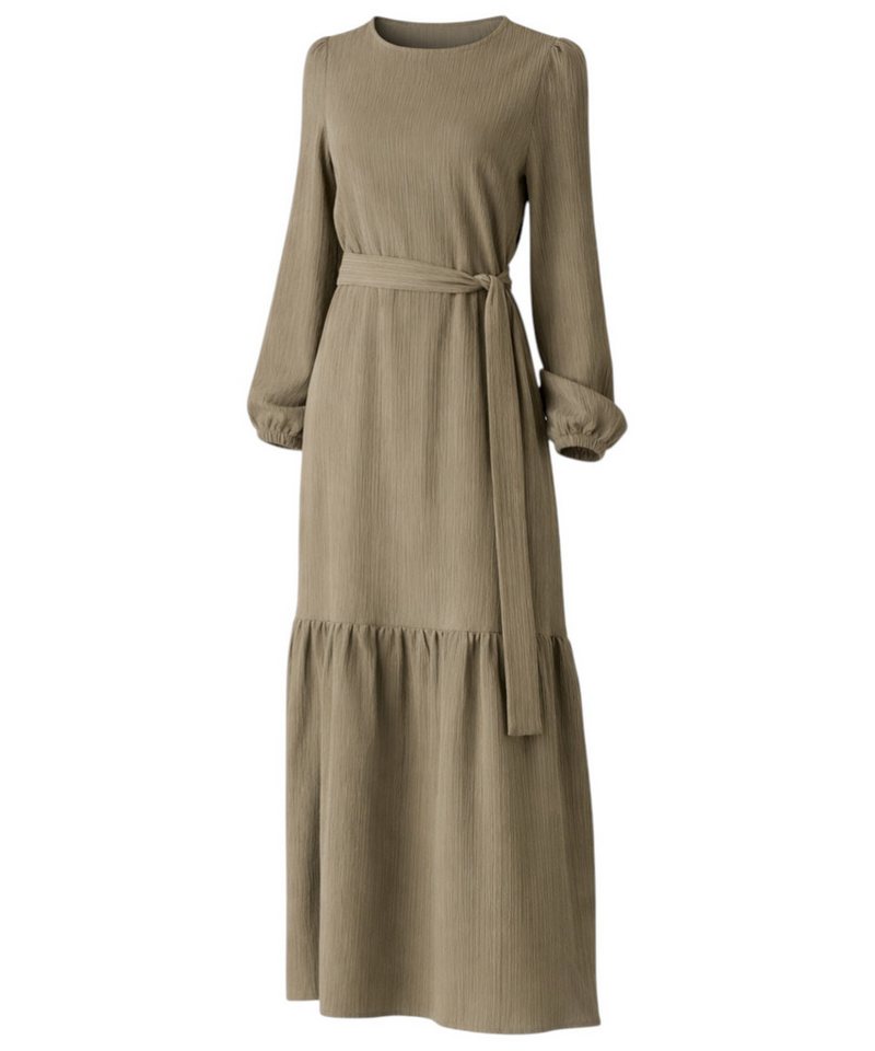 fashionshowcase Maxikleid Damen Crinkle Kleid mit Gürtel, Ballonärmel, 140 cm, Gr. 36–46 Mit Bindegürtel in Taille und dezentem Volant am Saum