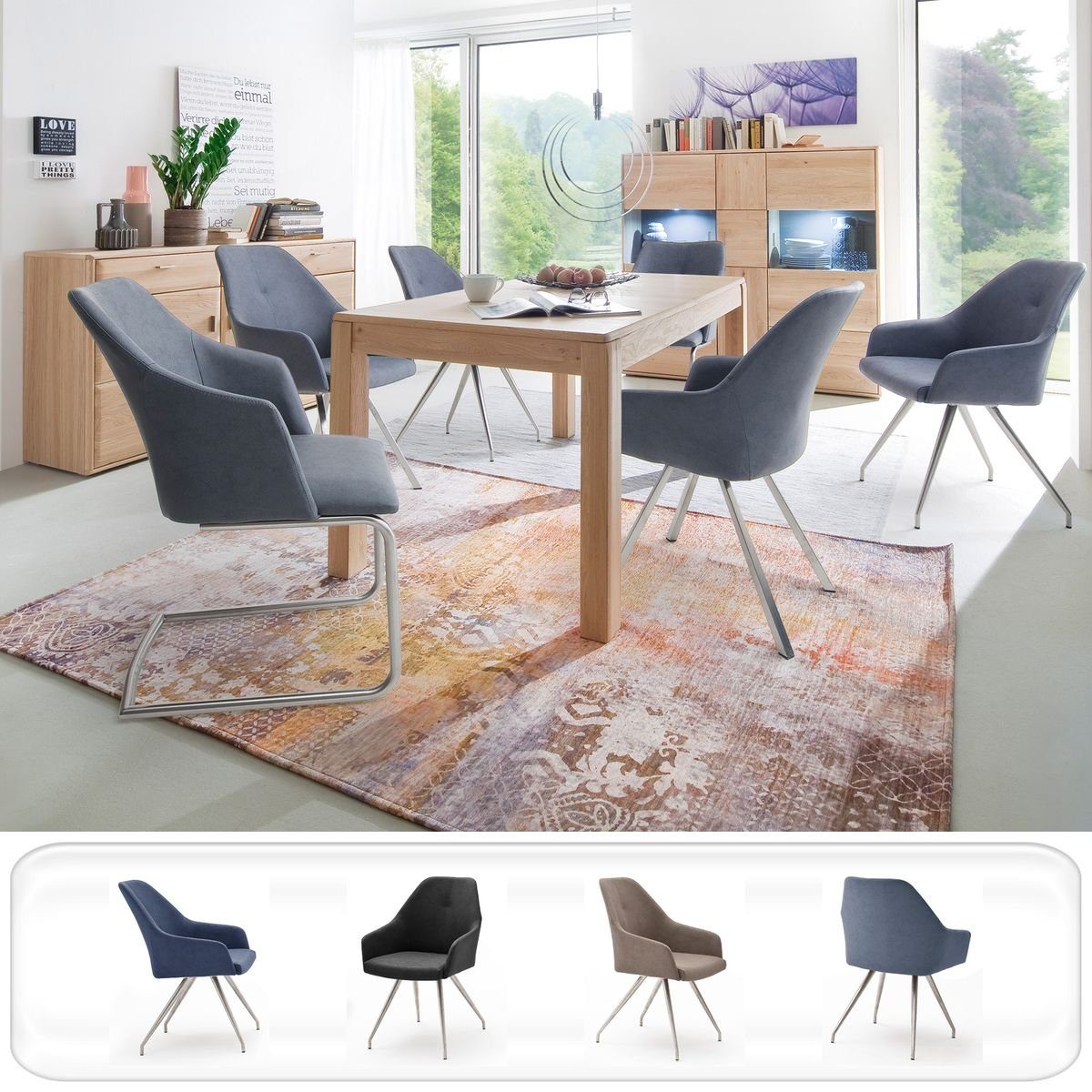 expendio Wohnzimmer-Set Torrent 150, (Spar-Set, 7-St), Eiche bianco montiert LED + 4x Stuhl A2 Kunstleder graublau