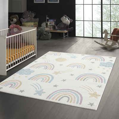 Kinderteppich Kinderzimmer Teppich weicher Flor pastellfarbene Details, TeppichHome24, rechteckig