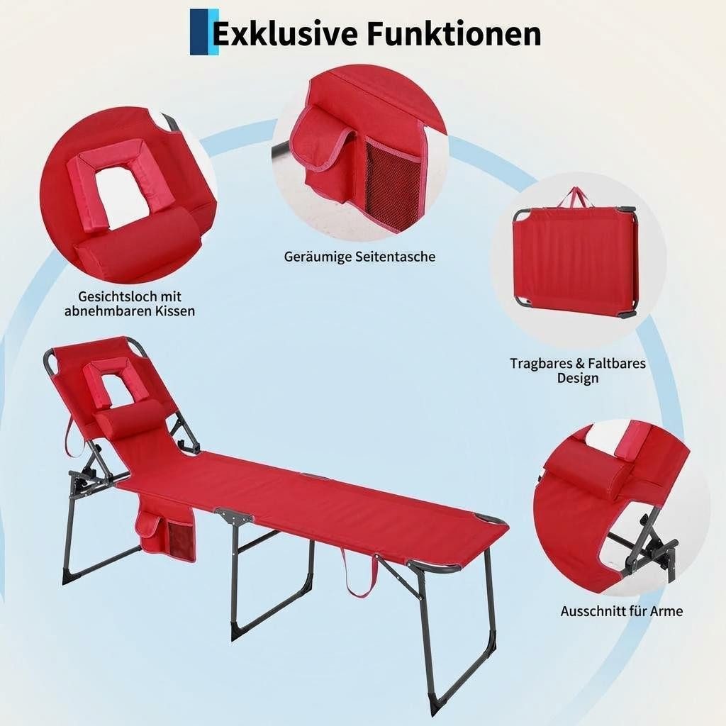 GarveeMore Gartenliege Sonnenliege mit Gesichtsausschnitt Klappbarer Liegestuhl 200x60x60cm – Bild 5 von 5