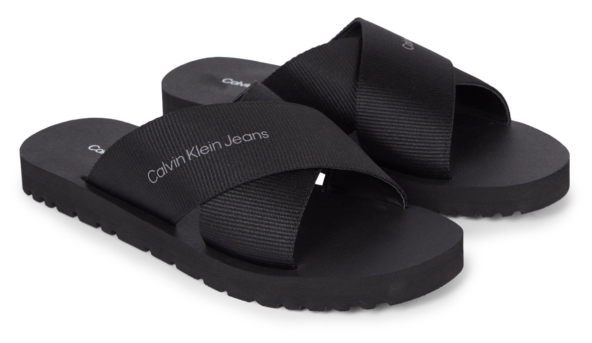 Calvin Klein Jeans CROSS SANDAL SLIPON RP IN BTW Pantolette, Sommerschuh, Schlappen, Poolslides, mit Kreuzbandage