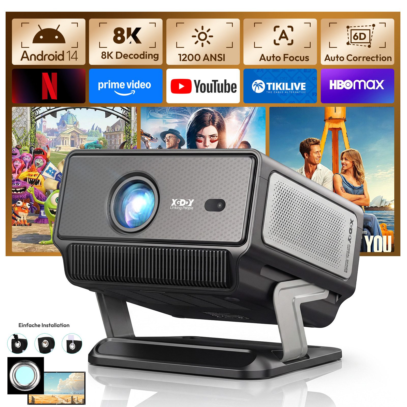 XGODY 2026 Neuer Smart Beamer 4k heimkino mit leinwand, Integrierte APP UHD-Beamer (1200 lm, 2500:1, 3840 x 2160(1200 ANSI) px, Android 14, Full HD 1080P, unterstützt 8K-Decodierung Projektor)