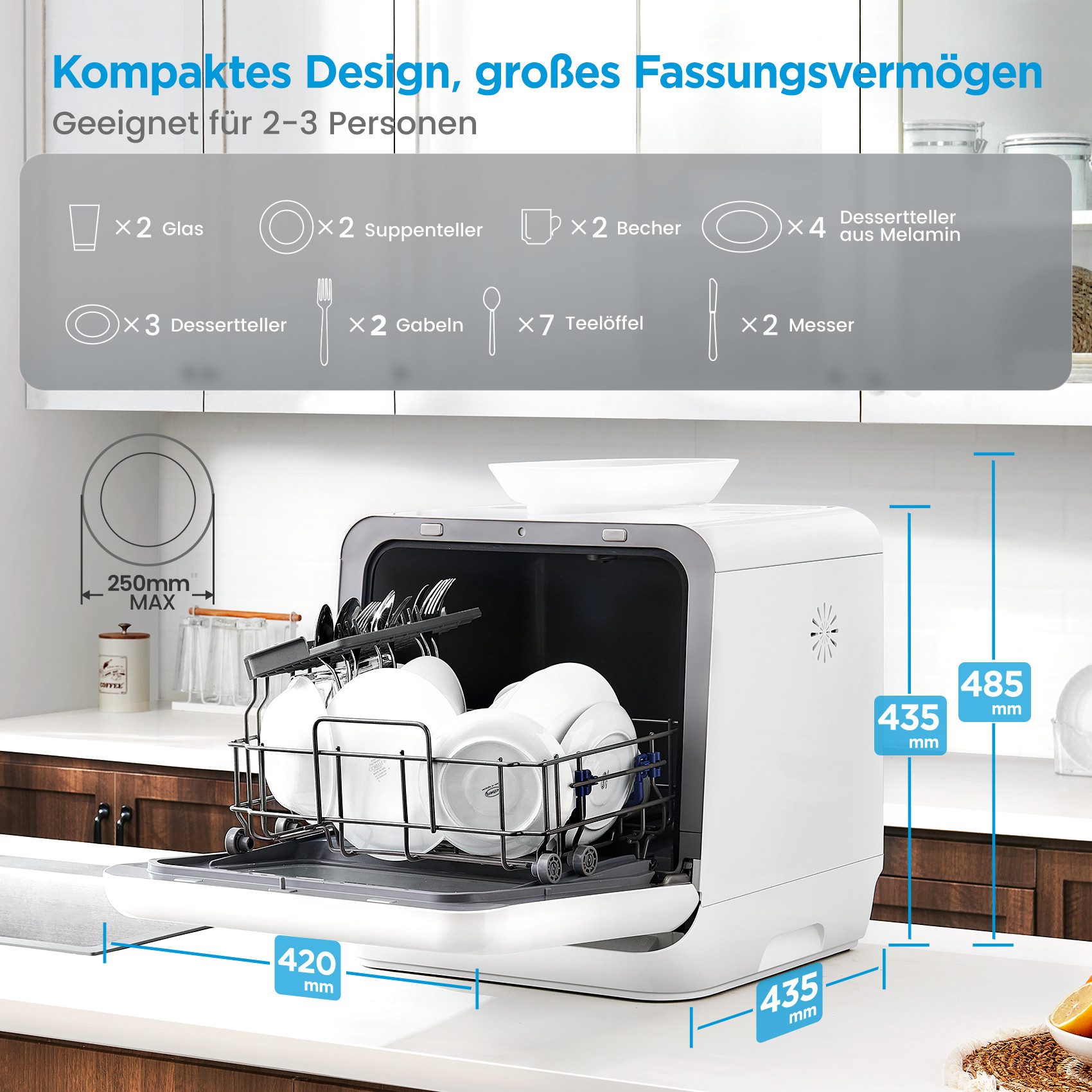 Midea Tischgeschirrspüler MDWMT201DW, 2 Maßgedecke, Wassertank, 9 Programme, Touch Control, Babypflege & Früchte waschen