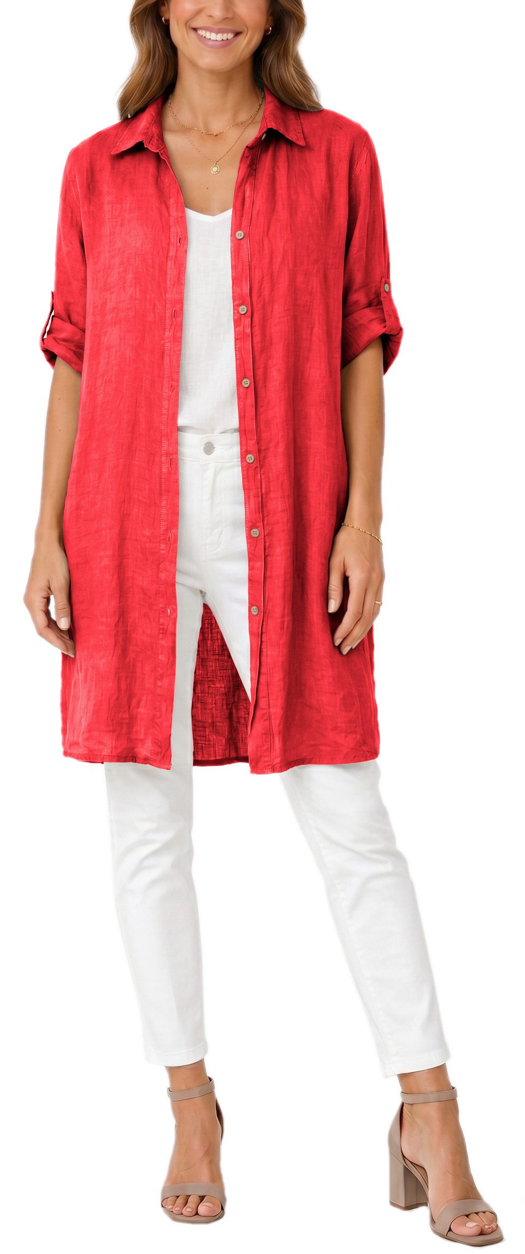 dy_mode Longbluse Damen Leinen Longbluse Sommer Hemdbluse Blusenkleid Luftige Tunika in Unifarbe, mit Knopfleiste