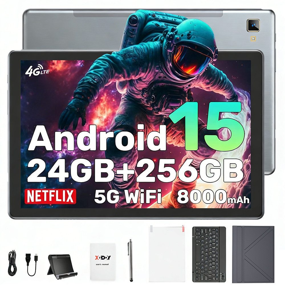 XGODY 4G LTE WLAN 10,1-Zoll-Tablet mit 24GB+256GB Tablet (10.1", 256 GB, Android 15, 2G (GSM), 3G (WCDMA), 4G (LTE), 2026 Neu Tablet Android 15 mit Tastatur, Ledertasche und Stift)