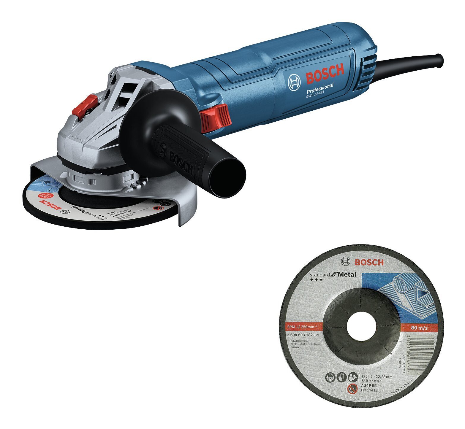 BOSCH Winkelschleifer GWS 12-125, max. 11000 U/min, Mit Schruppscheibe - im Karton