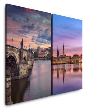 Sinus Art Leinwandbild 2 Bilder je 60x90cm Karlsbrücke Prag Altstadt Historisch Moldau Fluss Abenddämmerung