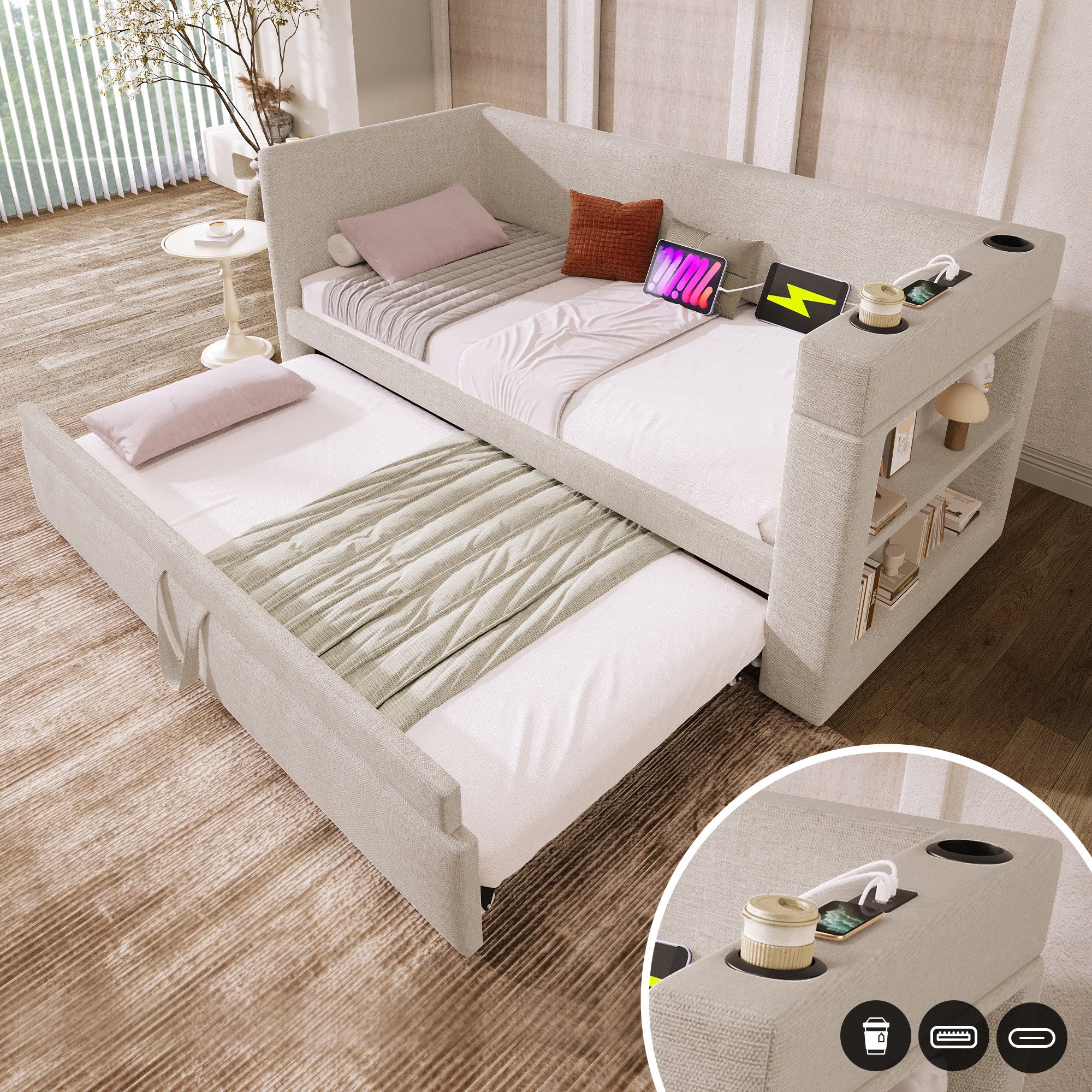 REDOM Polsterbett mit ausziehbarem Bett, Leinen-Baumwoll-Material günstig online kaufen