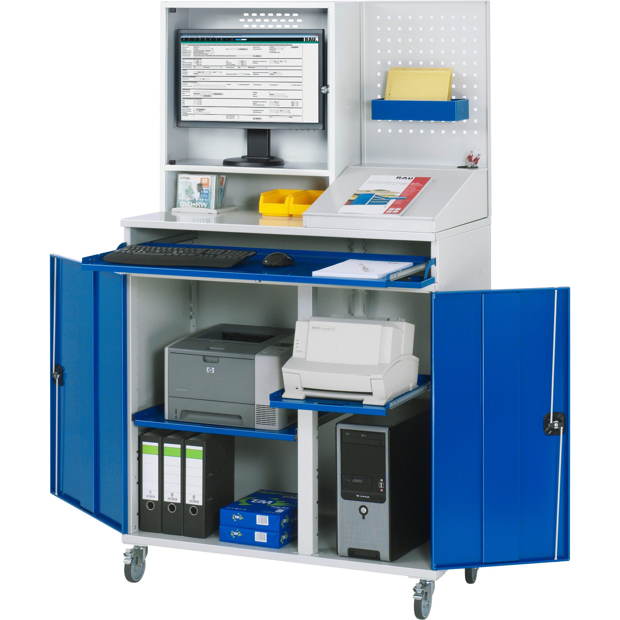RAU Schreibtisch Computerschrank 1100x520x1895mm Monitorgehäuse mobil lichtgrau/enzianb