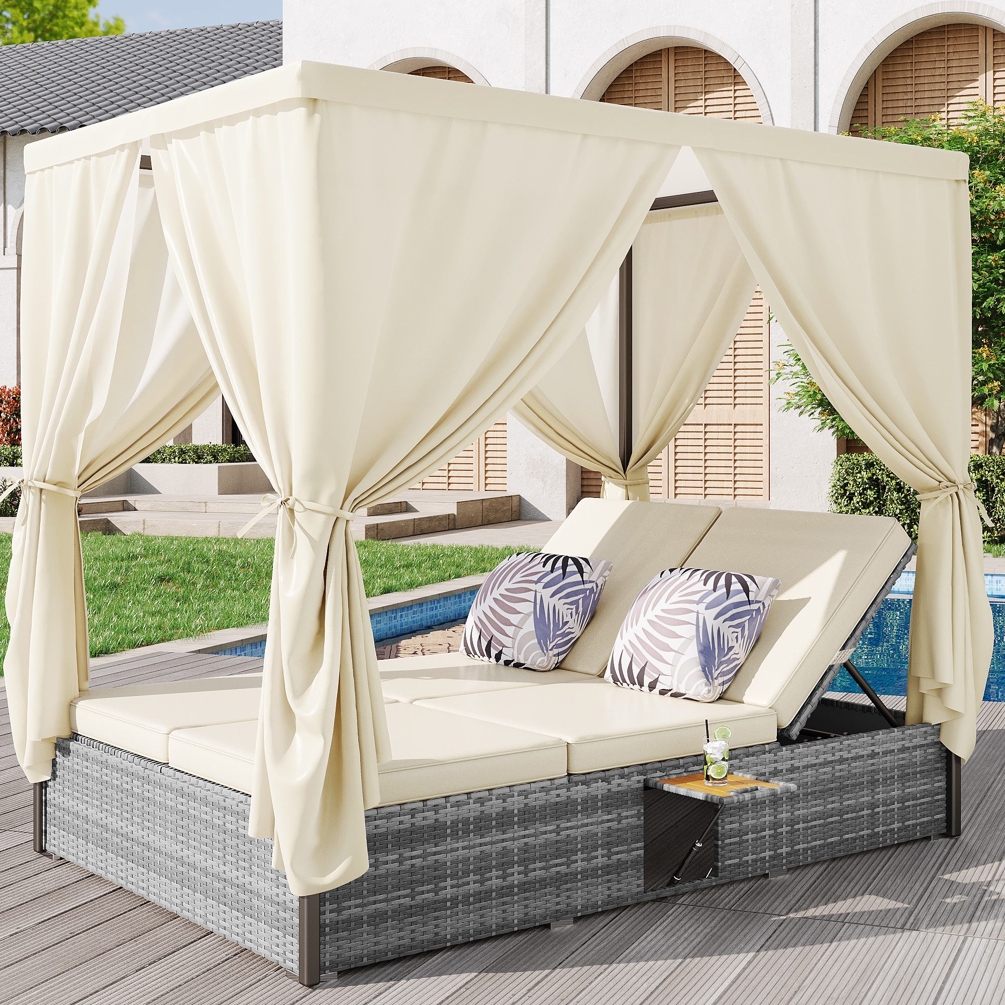 BBWL Doppelliege mit Sonnendach, Klapptisch und verstellbarer Rückenlehne, Loungeliege, Gartenliege Doppelbett Rattan Daybed