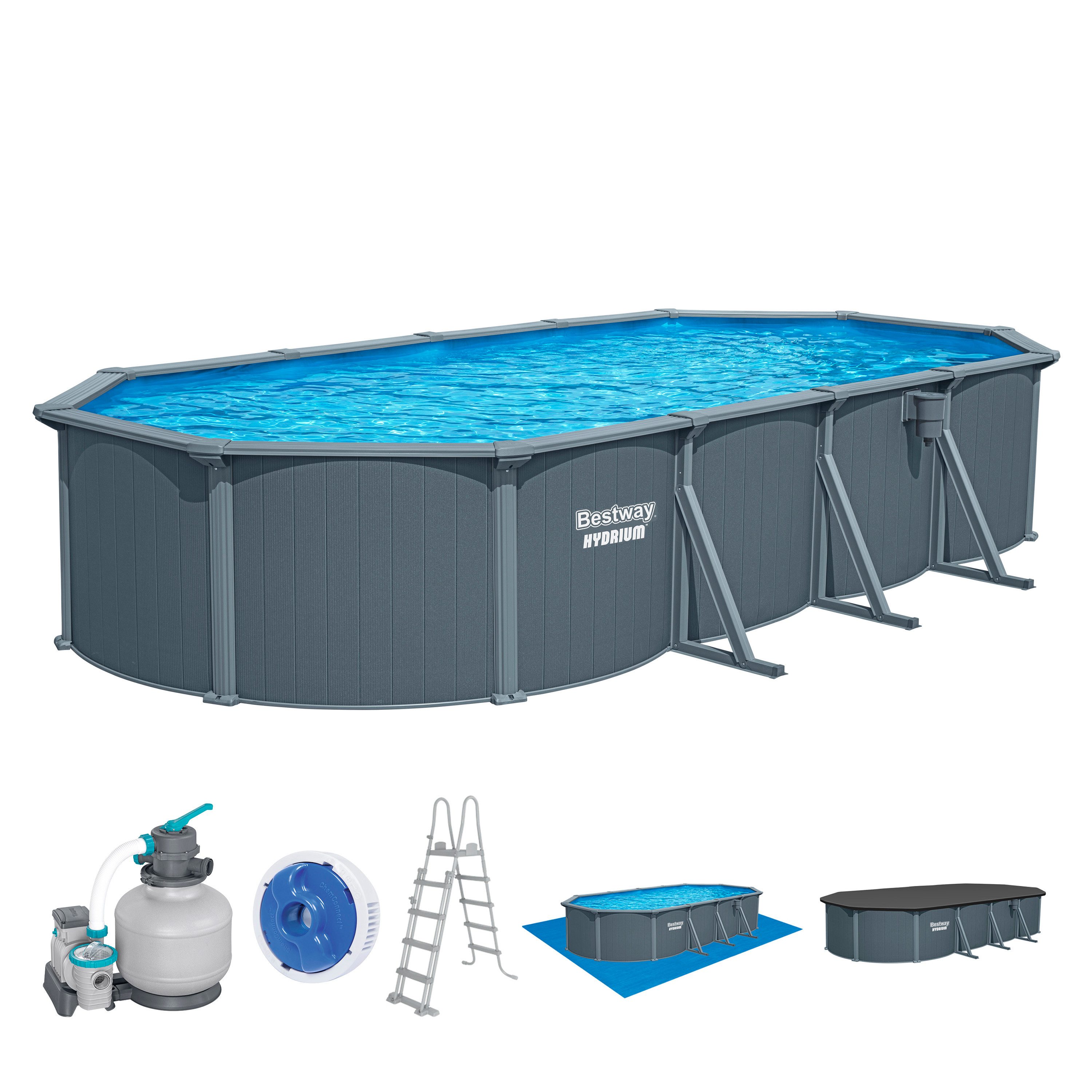 Bestway Pool Hydrium (Set, Inkl. Sandfilteranlage, Sicherheitsleiter, Abdeckplane, Bodenplane), 732 x 366 x 132 cm