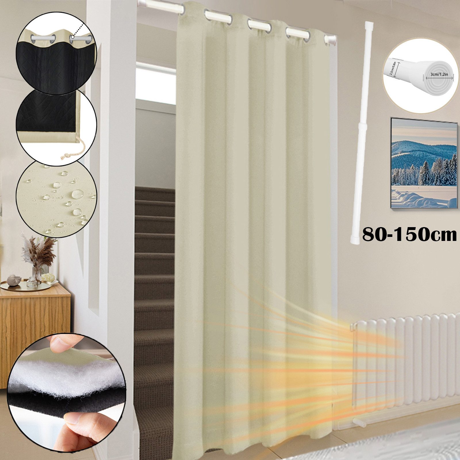 Jibenhome Türvorhang Thermo Vorhang mit Stange Ösen Gardine Untere Taschenstange, Raumtrenner Verdunkelnd Gesteppter Vorhänge( Klemmstange Optional)