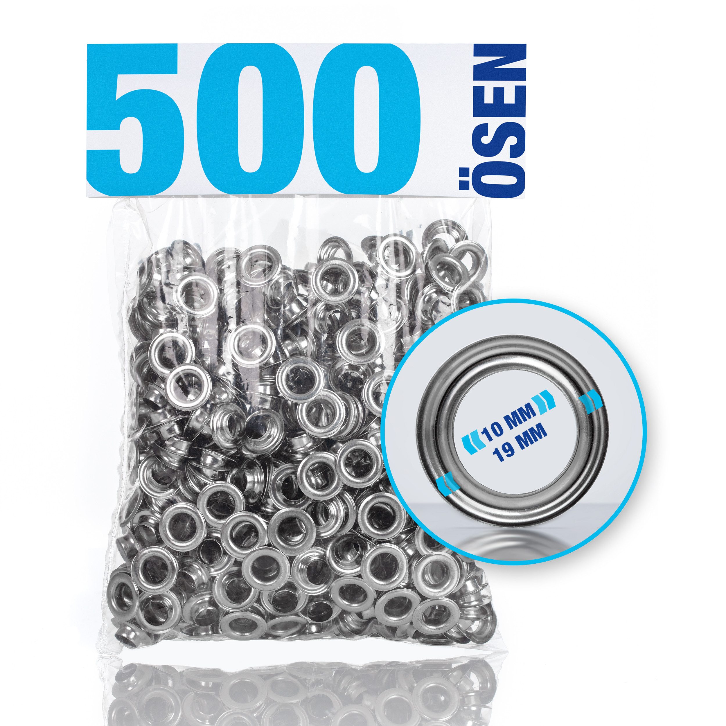 NTG Nutzfahrzeug Technik GmbH Ösenzange Ösen Set – 500 Stück [ 10mm Innen-Ø] Ösen für Planen, Banner, Vorhänge, 1-tlg.