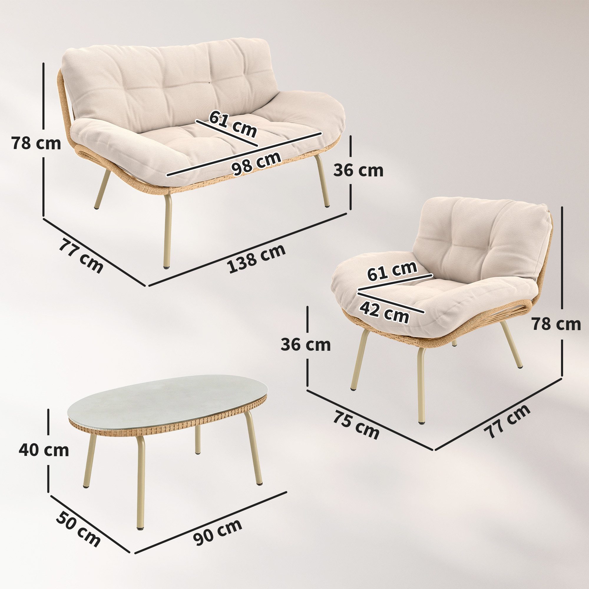 Outsunny Sitzgruppe mit Zweisitzer, 2 Sessel, Tisch, Tiefem Sitz, Dicke Kissen, (Polyrattan Lounge-Set, 4-tlg., Gartenmöbel Set), für Garten Balkon Beige