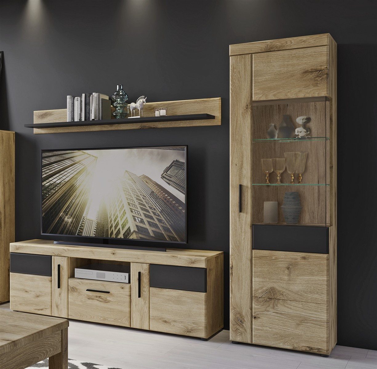 freiraum Wohnwand Grano, (3-teilig) in Viking Eiche Dekor - 215x195x41 (BxHxT)