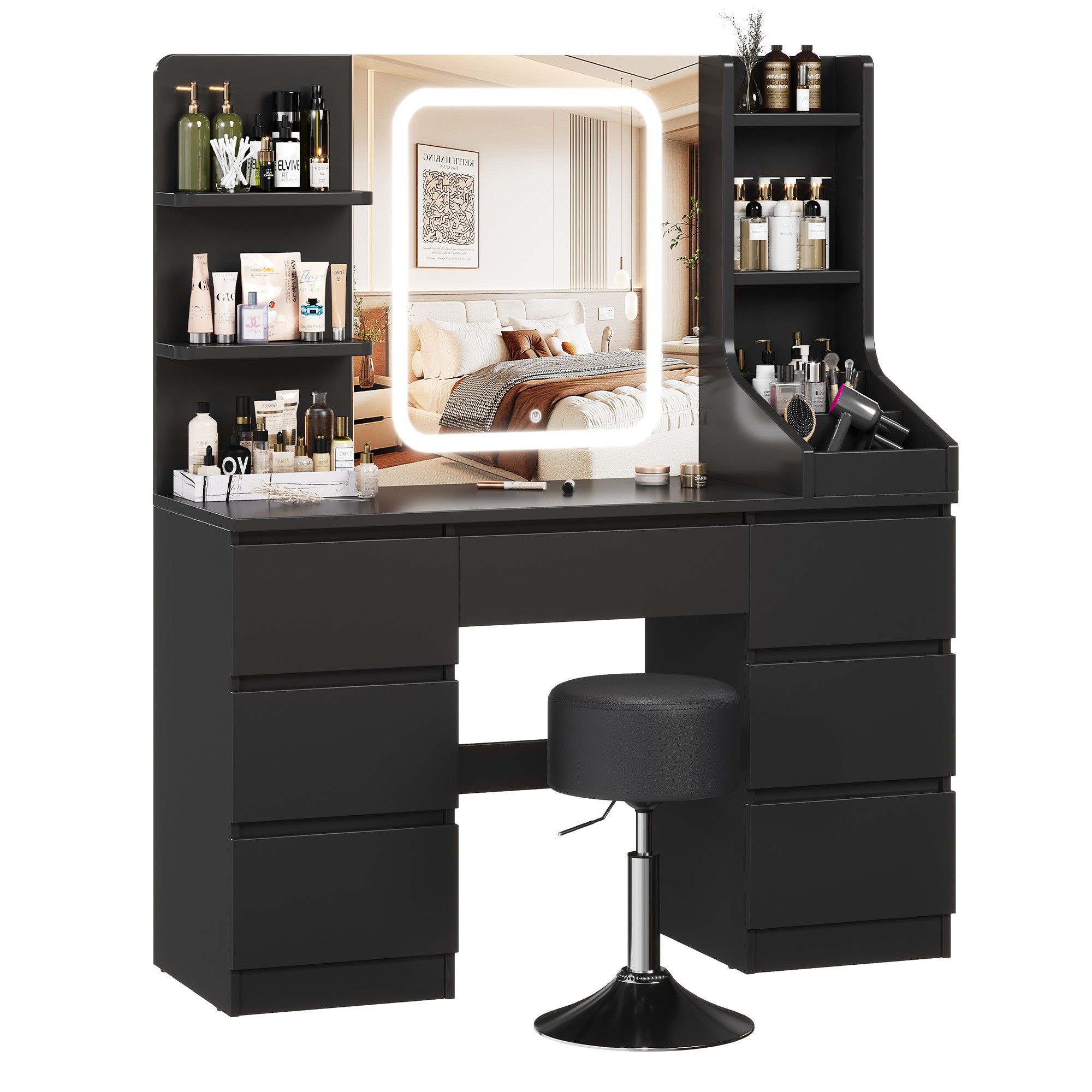 HOMALL Schminktisch Set aus Schminktisch und Hocker, mit LED-Beleuchtung (Maße: 110 x 40 x 139 cm, dimmbare Beleuchtung, inklusive Hocker und Schminktisch, mit 7 Schubladen und 8 offenen Fächern)