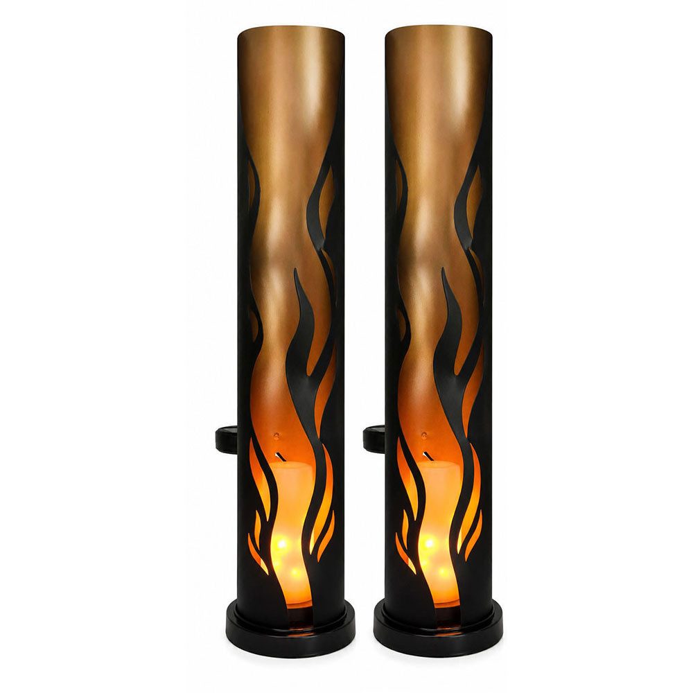 Harms Import LED Solarleuchte, LED-Leuchtmittel fest verbaut, 2x Solarleuchte Stahl schwarz gold Feuer-Effekt Gelb LED Höhe 49 cm