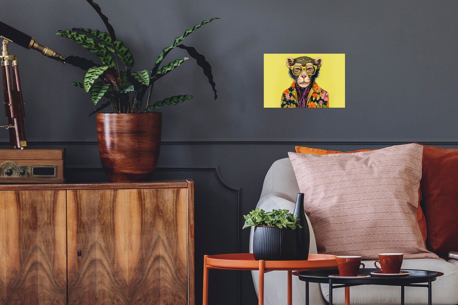 MuchoWow Poster Affe - Tiere - Brillen - Design - Blumen, (1 St), Poster, Wandbild, Wandposter für Wohnzimmer, Ohne Rahmen