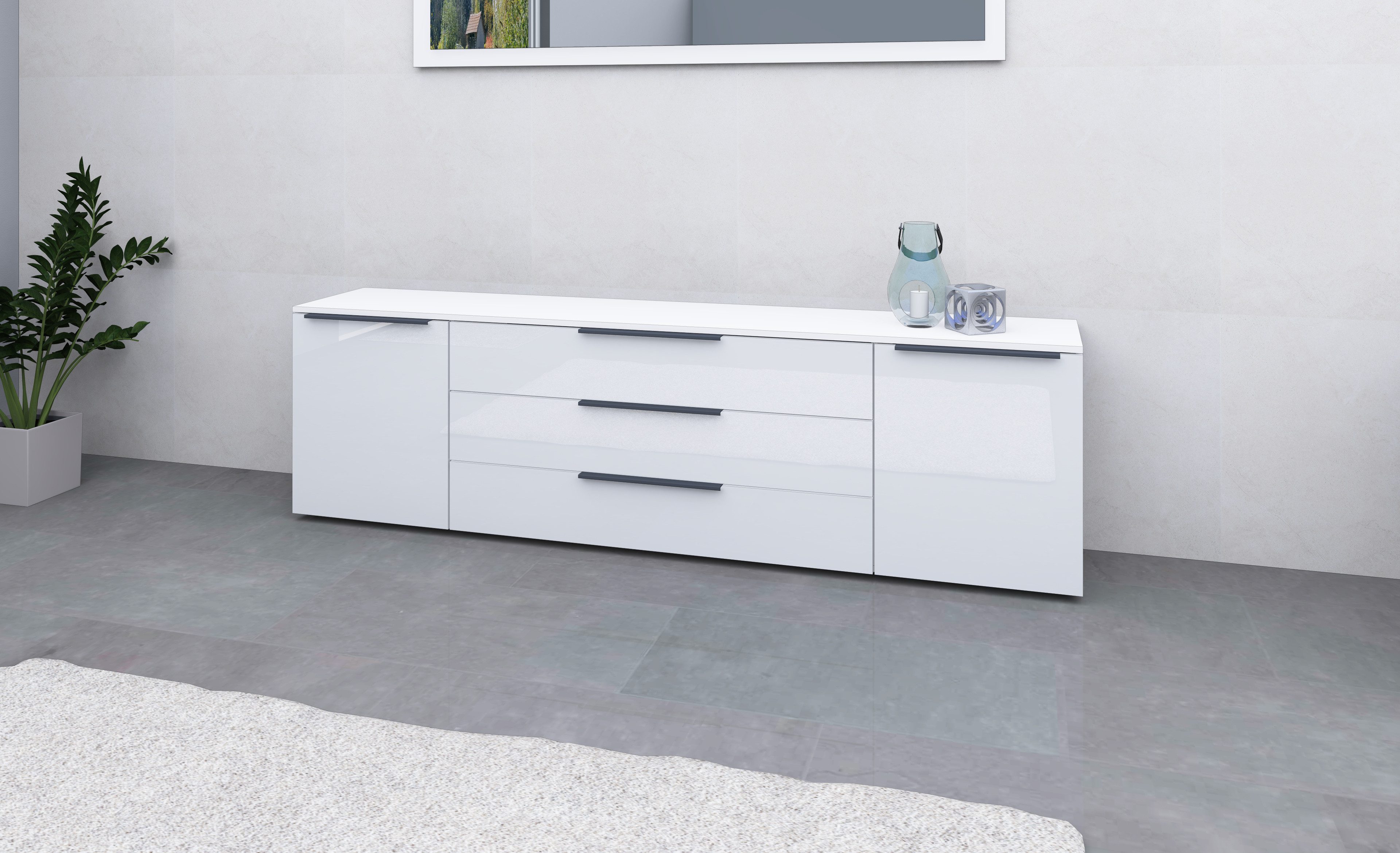 borchardt Möbel Sideboard Tom, Kommode Breite 200cm, hängend oder stehend mit Metallgriffen, 2 Türen 3 Schubkästen, verstellbare Einlegeböden