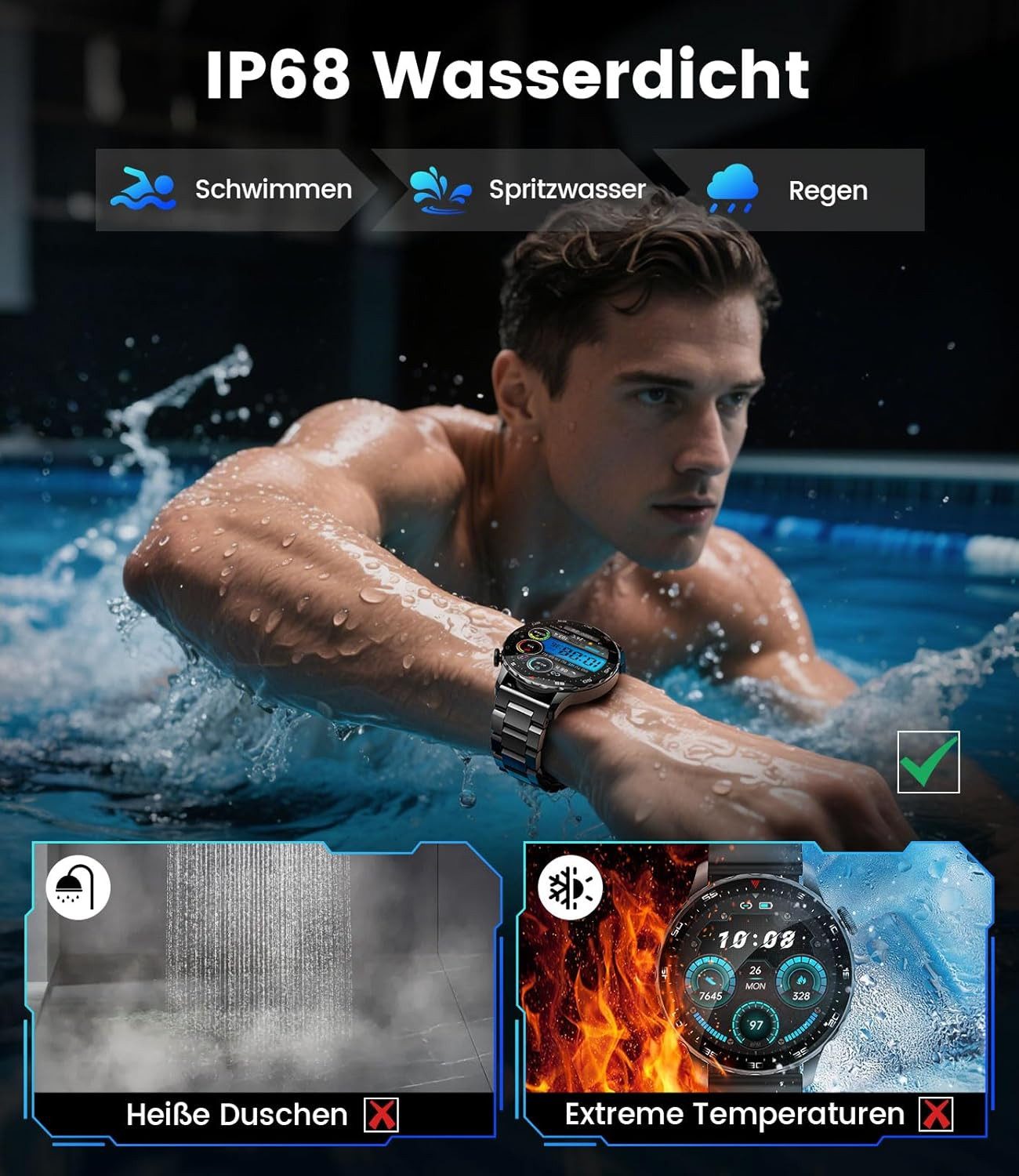 Lige Smarte Herren Uhr: mit Telefonfunktion und AMOLED Display Smartwatch (3,6 cm/1,43 Zoll, Android iOS), Premium Fitness Begleiter inklusive Herzfrequenz Wasserschutz