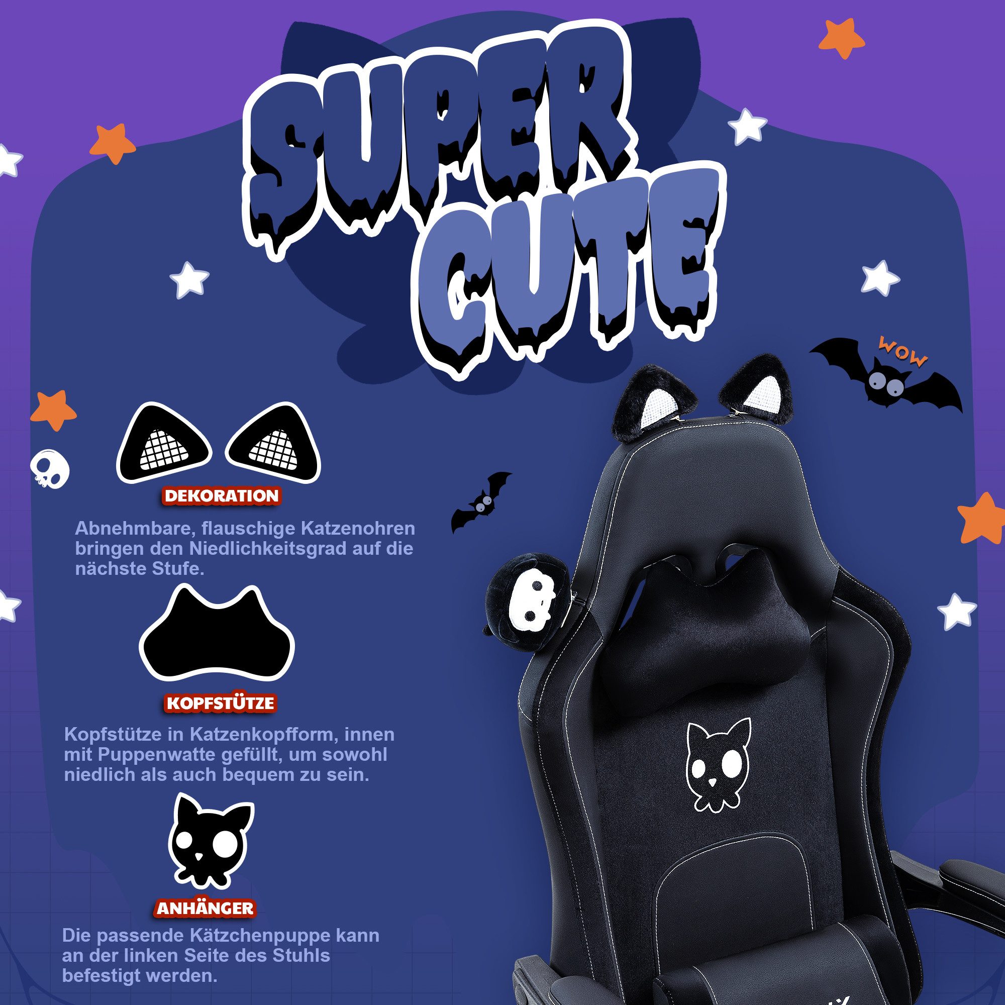 Dowinx Gaming-Stuhl Süße Katze Edition mit Katzenohren und Plüschtier (Packung), Ergonomischer Stuhl mit Hoher Rückenlehne und Lendenwirbelstütze – Bild 2 von 5