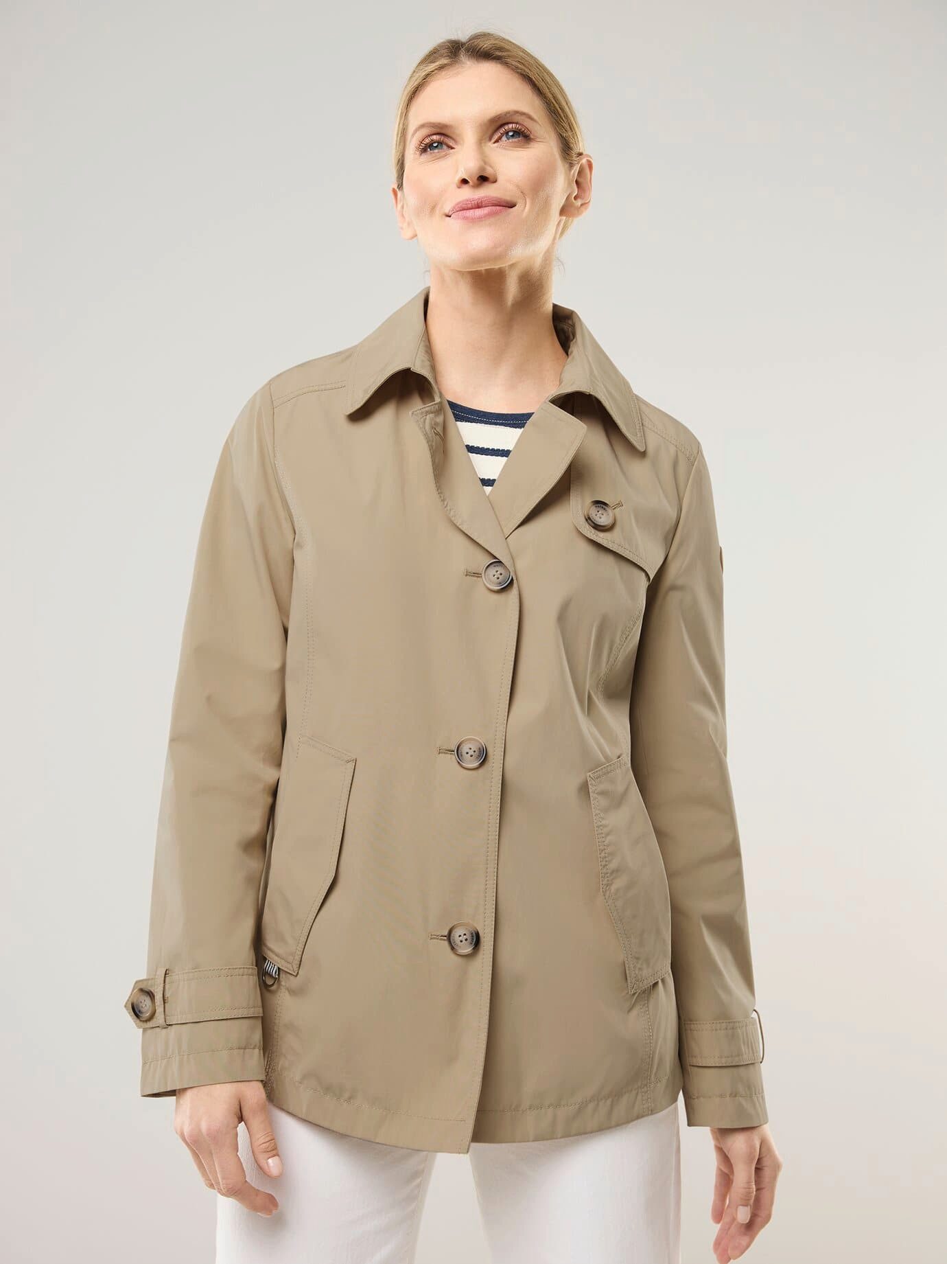 Walbusch Trenchcoat Damen Trenchjacke wasserabweisend knitterarm Baumwollmix, Umlegekragen, modern