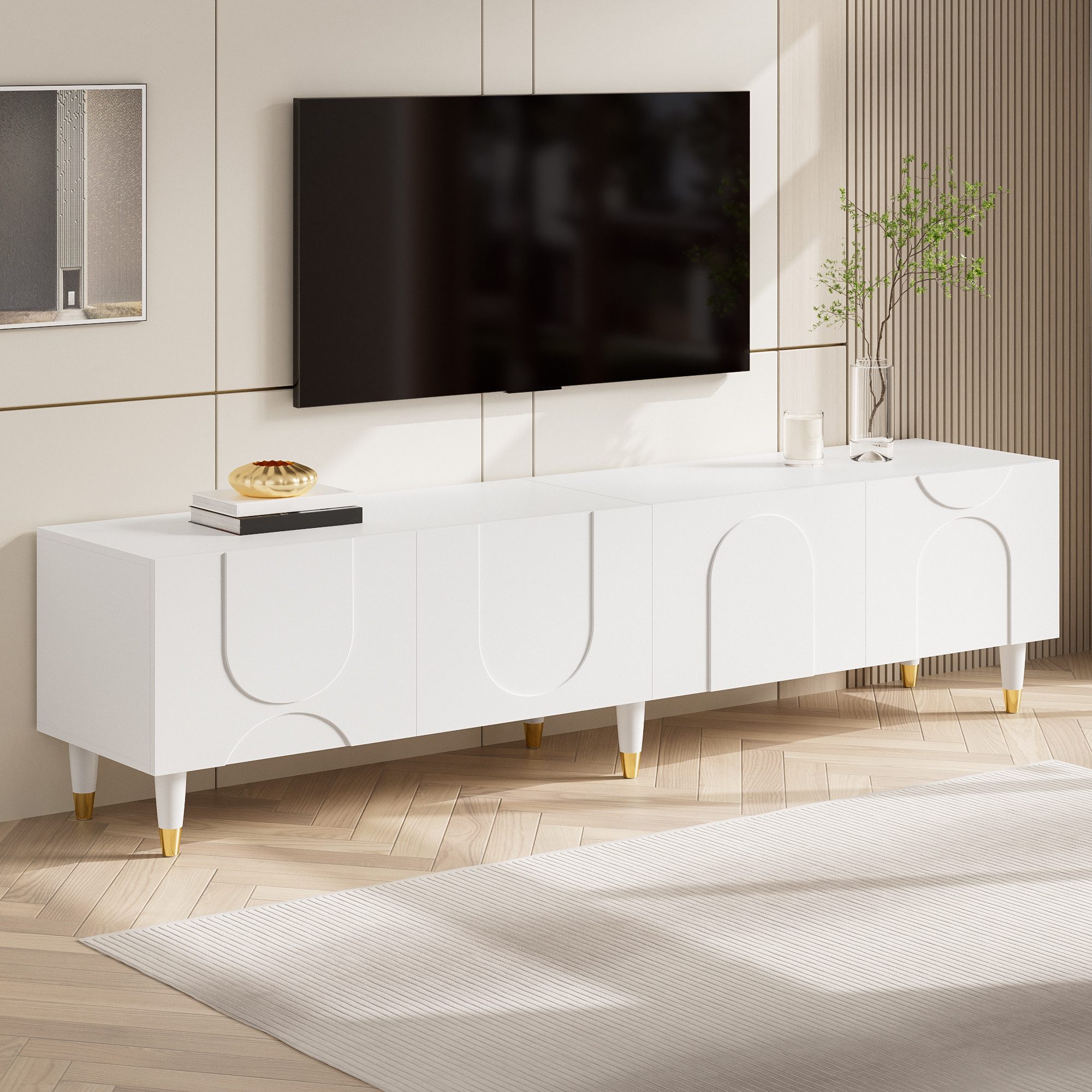 Merax Lowboard mit asymmetrischem Bogenrelief (180 x 40 x 50 cm, 1 St), TV-Schrank mit 4 Türen, Mehrfachstauraum & Massivholzbeine – Bild 3 von 5