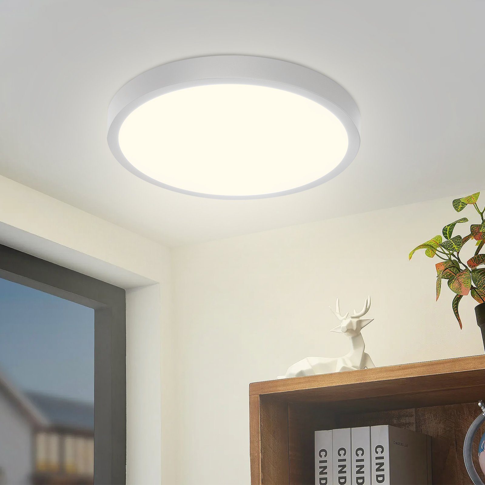 ZMH LED Deckenleuchte Rund Flach 24W Modern für Wohnzimmer, LED fest integriert, neutralweiß, Leicht zu reinigen, wasserdicht, weiß | Deckenlampen