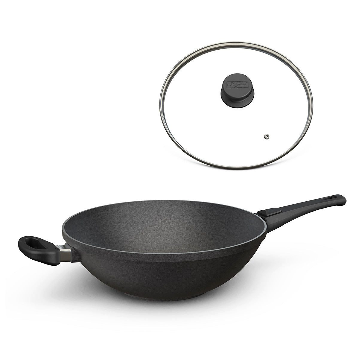 Hoffmann Germany Wok Wokpfanne Aluguss Induktion Ø 32 cm mit Glasdeckel – Made in Germany, Aluguss (Set, 2-tlg., 1x Wok Ø 32 cm + 1x Glasdeckel), abnehmbarer Griff, Antihaft, backofenfest bis 240°C, Induktion