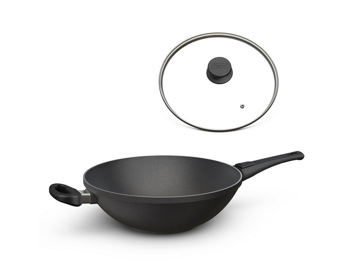 Hoffmann Germany Wok Wokpfanne Aluguss Induktion Ø 32 cm mit Glasdeckel – Made in Germany, Aluguss (Set, 2-tlg., 1x Wok Ø 32 cm + 1x Glasdeckel), abnehmbarer Griff, Antihaft, backofenfest bis 240°C, Induktion