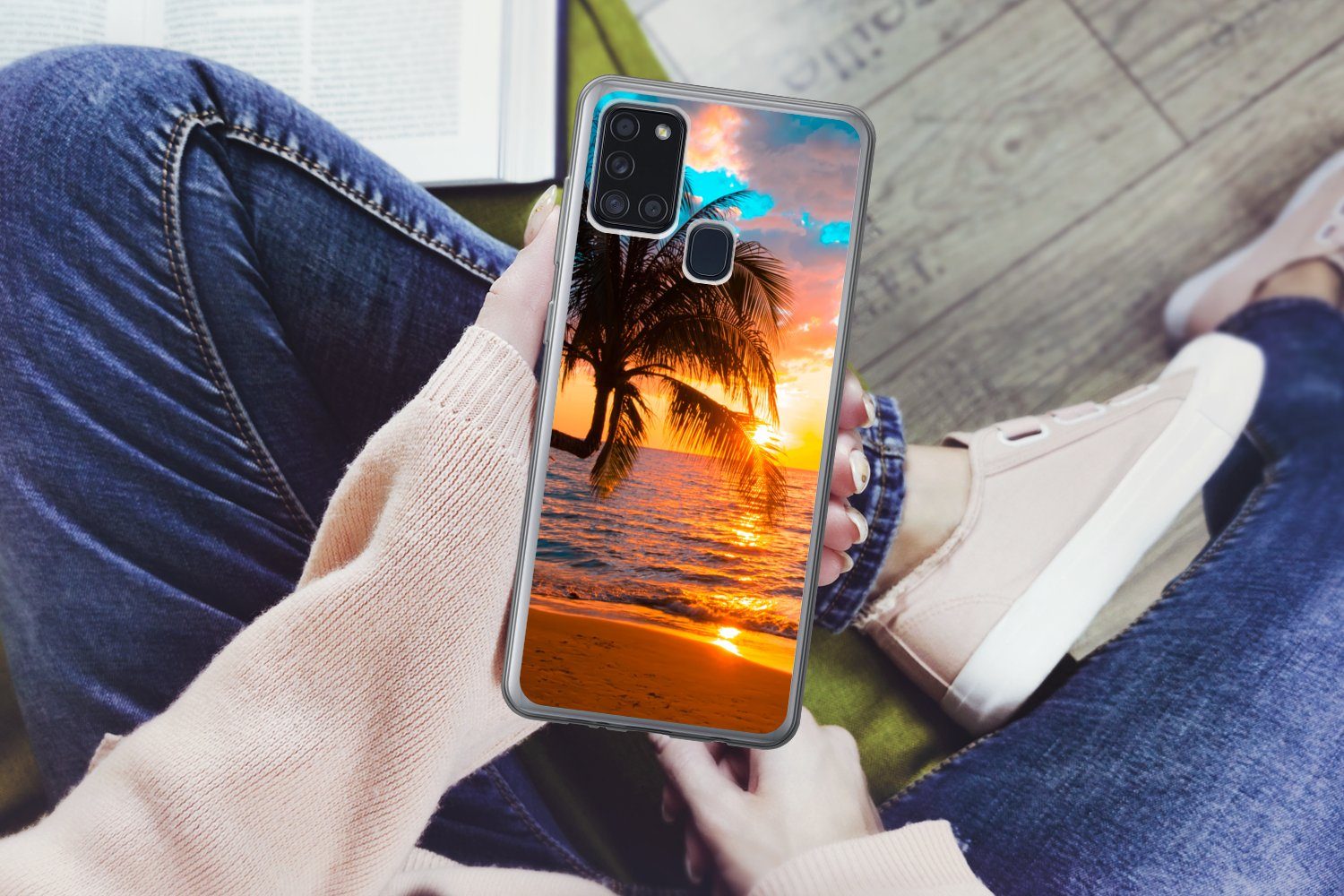 MuchoWow Handyhülle für Samsung Galaxy A21s Palme - Sonnenuntergang - Horizont - Strand -, Smartphone-Bumper, Print, Handy Schutzhülle Dünn