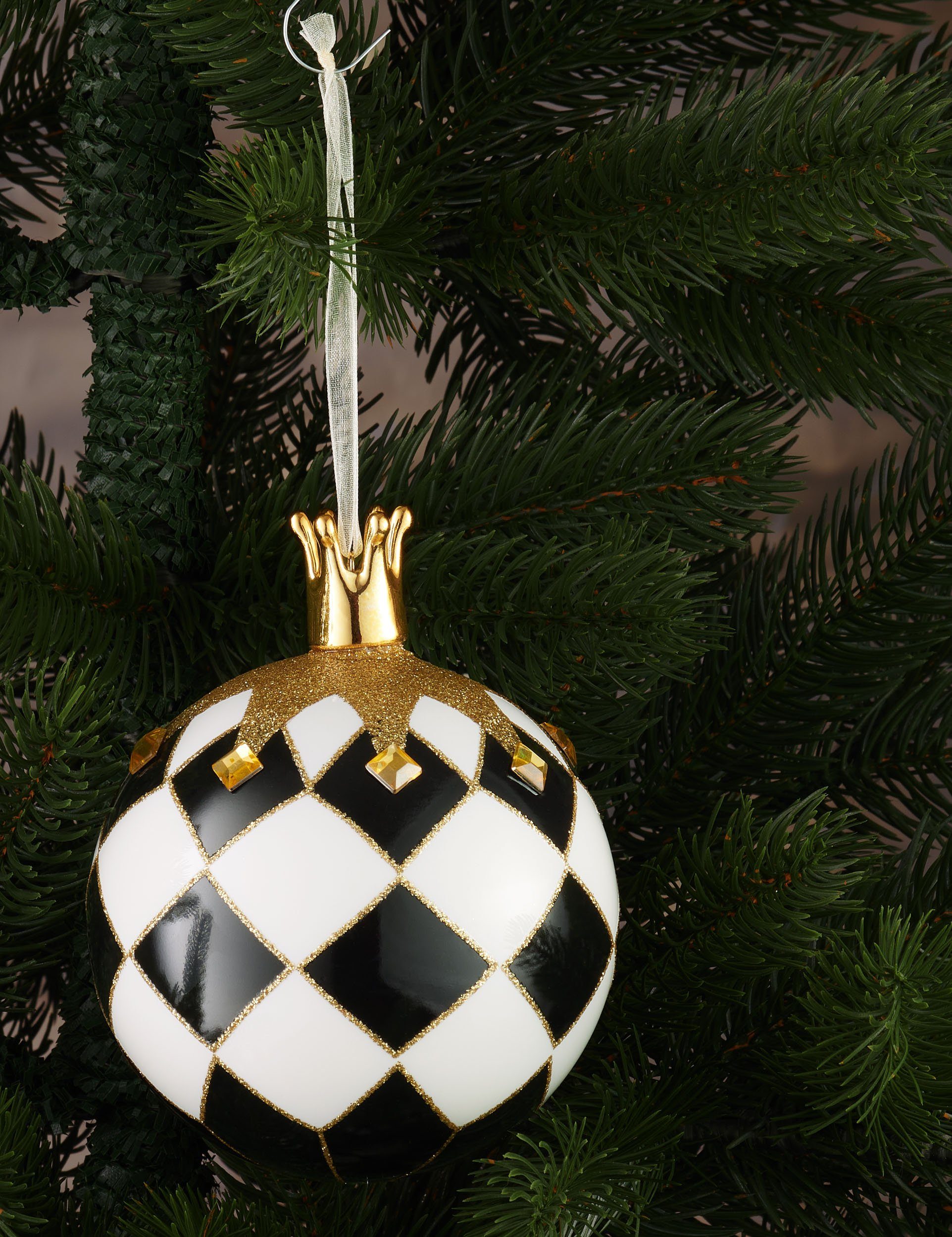 BRUBAKER Weihnachtsbaumkugel Premium Weihnachtskugel St), Handbemalte Krone mit Baumkugel Schach König, cm - Weihnachtsbaumkugel mit (1 Gold Schachbrett Christbaumkugel Muster 10