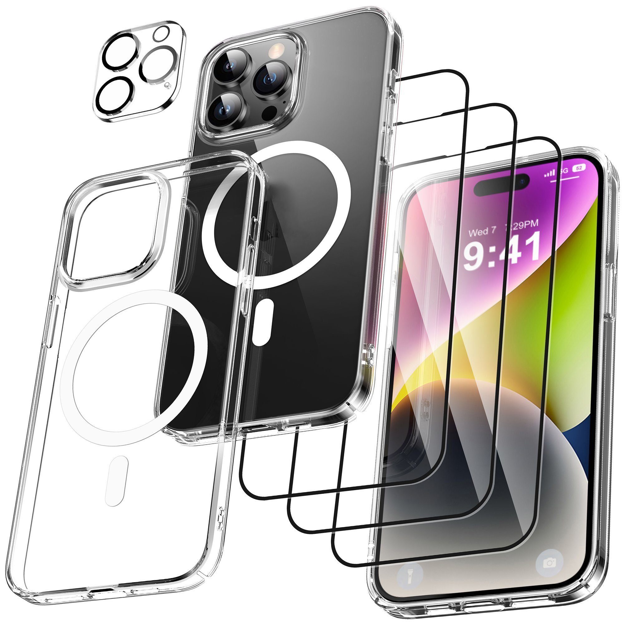 BUMHUM Smartphone-Hülle Smartphone-Hülle HD Schutzfolie 5 in 1 Handyhülle und Panzerglas für 15,5cm(6,1 Zoll), Wireless-Charging kompatibel, Transparent Case, Vergilbt nicht