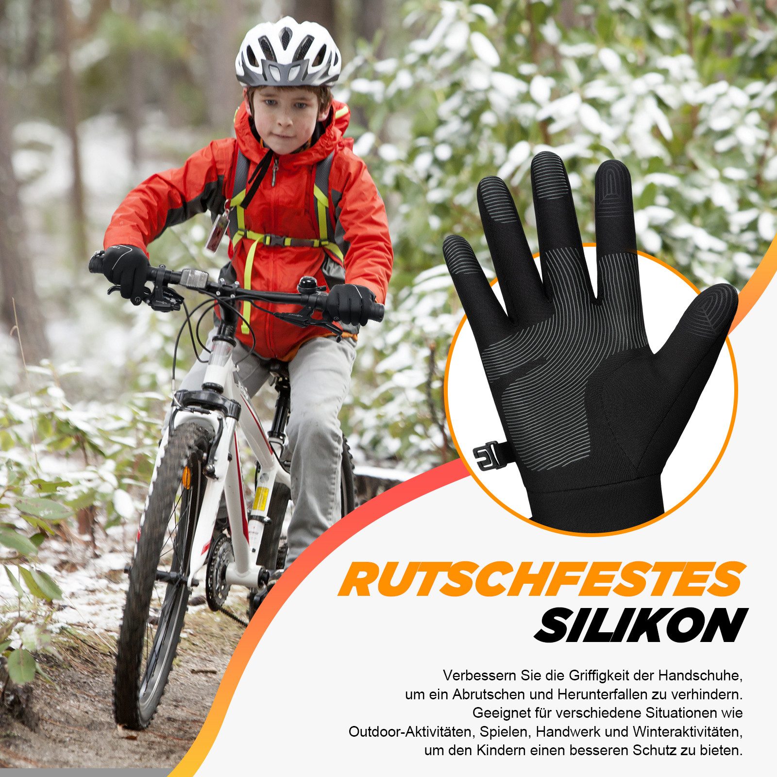 TANSTC Thermohandschuhe Fahrradhandschuhe Kinder Warme Handschuhe Softshell Winterhandschuhe (Set) Touchscreen,rutschfeste,reflektierende,wärme,leicht,winddicht – Bild 4 von 5