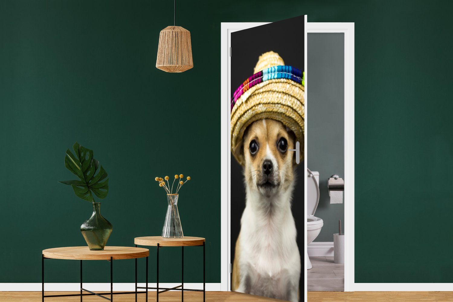 cm Tür, Türtapete bedruckt, für Sombrero Hund (1 Fototapete - Türaufkleber, Matt, 75x205 St), Schwarz, MuchoWow -