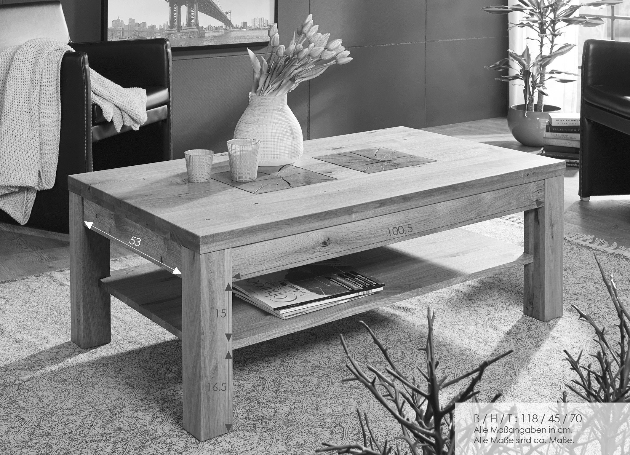 Lebenswert Couchtisch WZ-0315 (BxHxT: 118x45x70 cm), aus Wildeiche in natur geölt