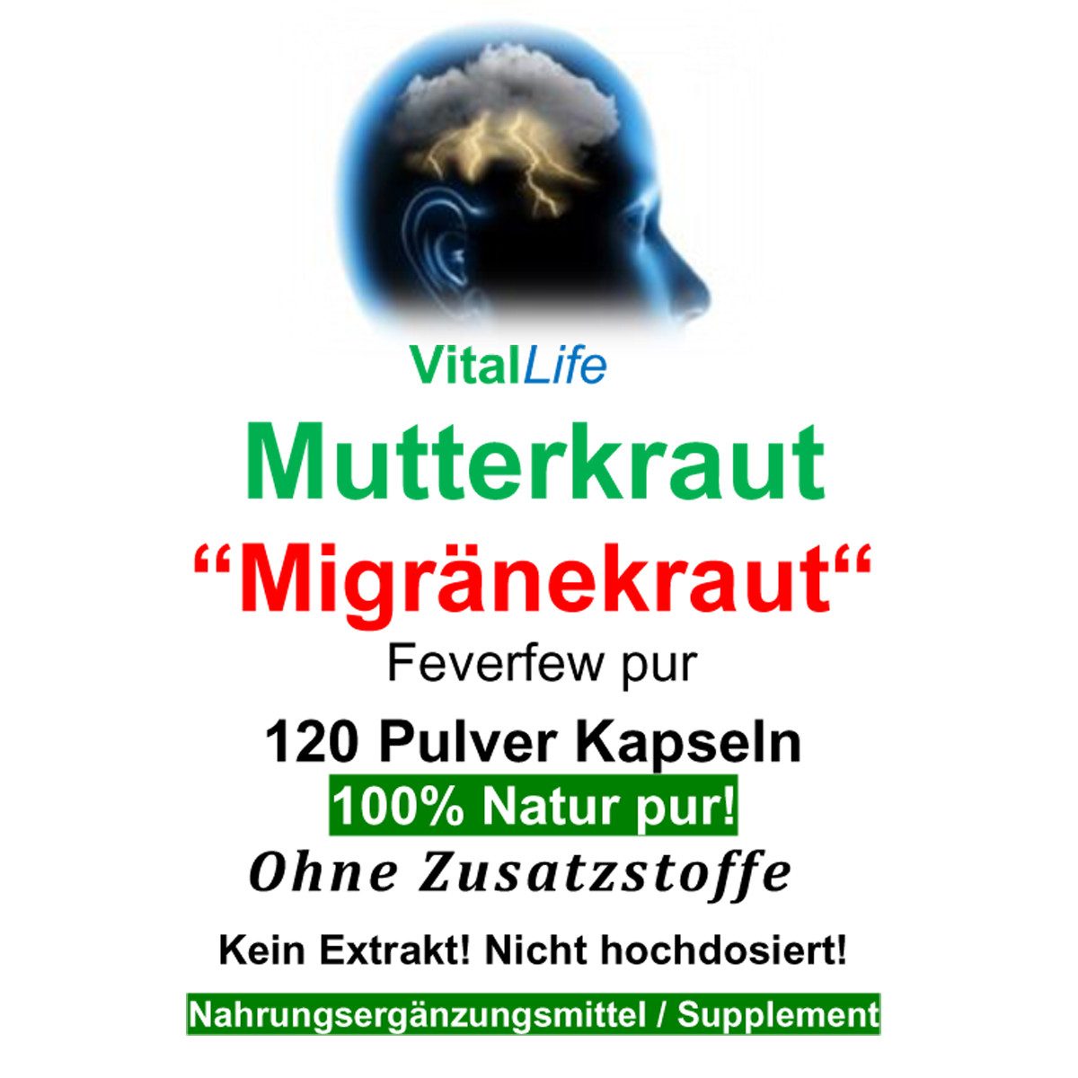 VitalLife Mutterkraut Migränekraut nach Hildegard von Bingen OHNE Zusatzstoffe Kapseln, 1 er Dose à 120 St., 52 g, Art. 26306