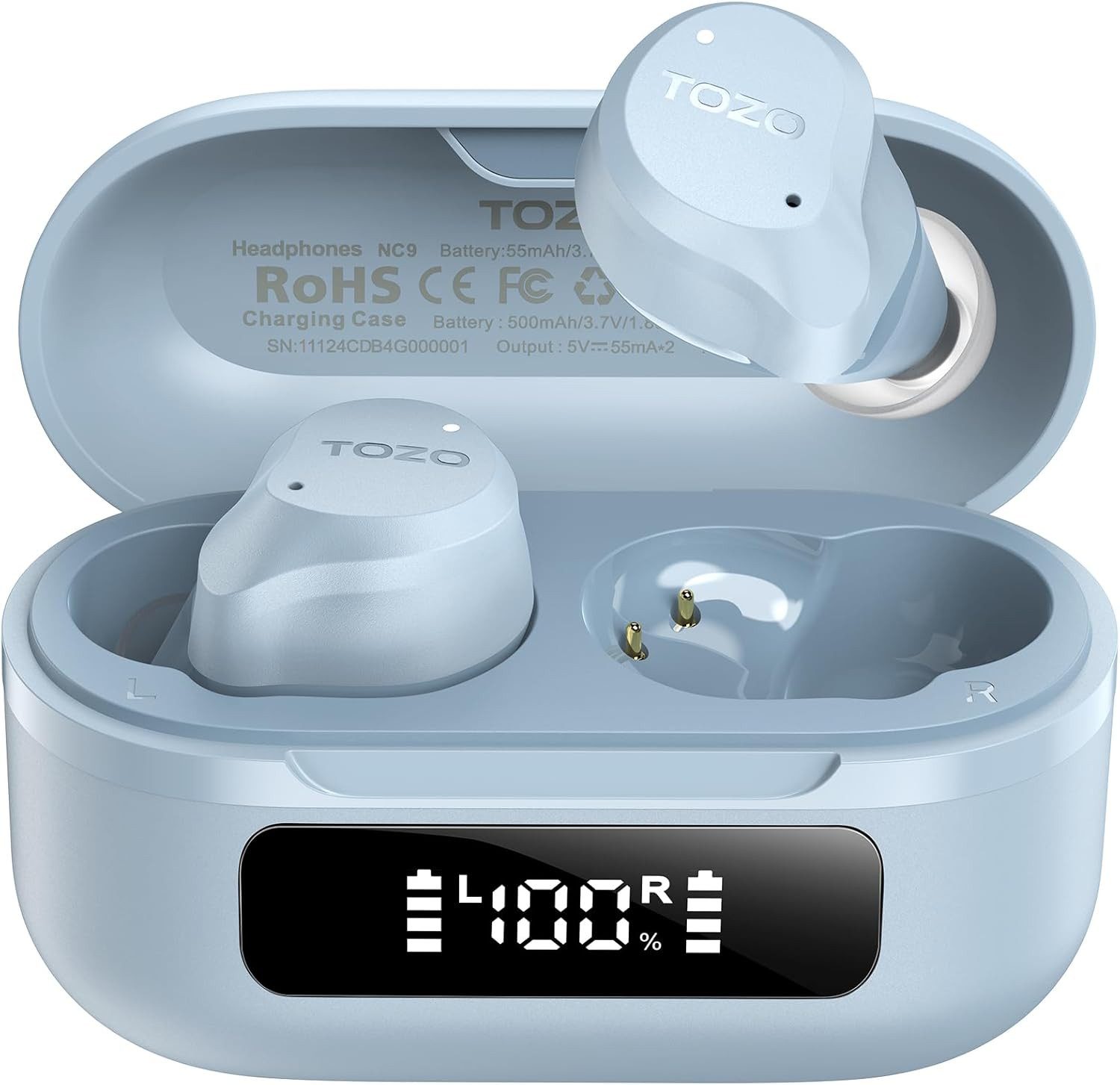 TOZO Bluetooth ANC 45dB Noise Cancelling, 60h Akku, IPX8 In-Ear-Kopfhörer (Transparenzmodus ermöglicht das Hören wichtiger Umgebungsgeräusche für mehr Sicherheit im Straßenverkehr und Alltag, Kabellose Audio mit 6 Mikrofonen ENC, Tiefbass, App EQ Modi)
