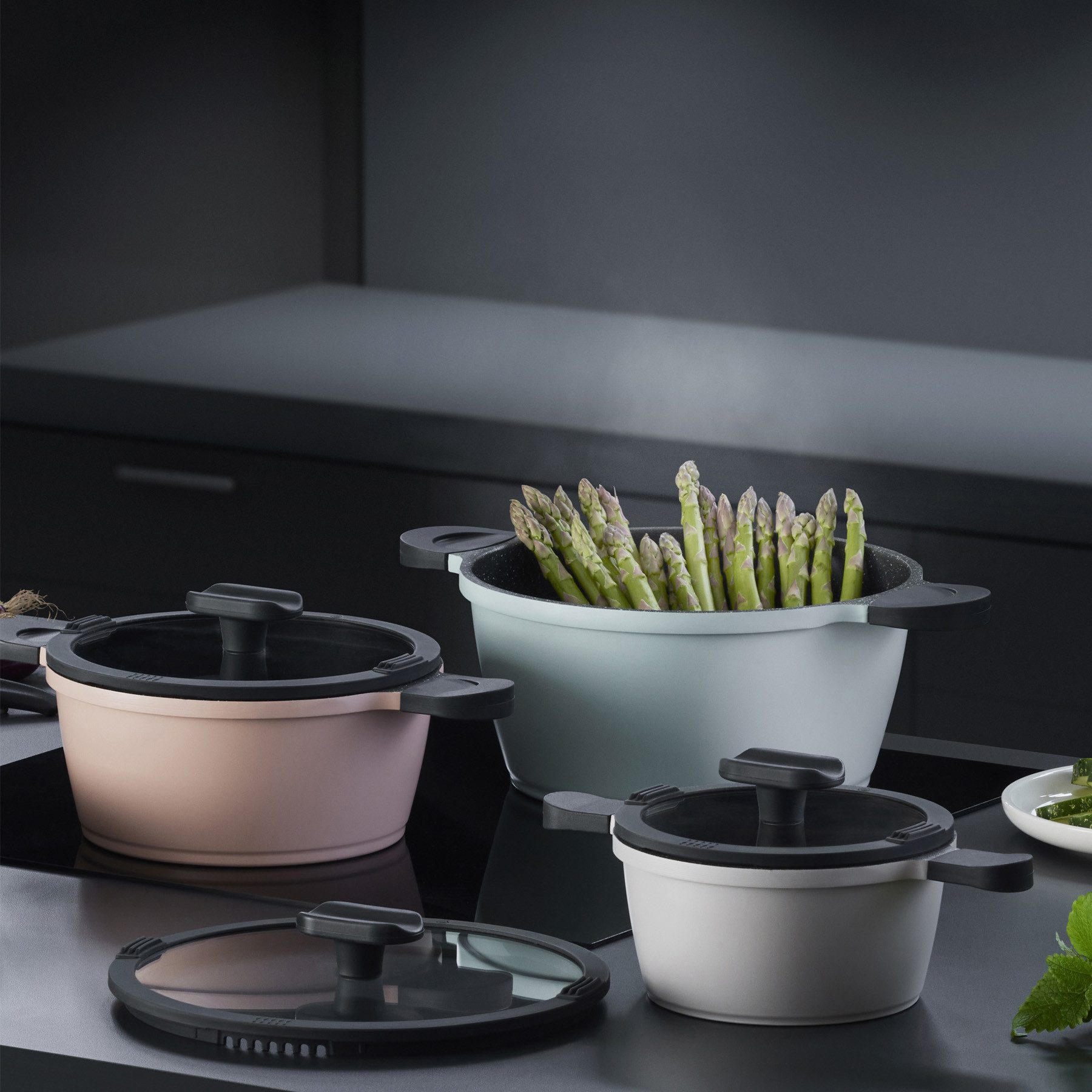 Mulex Topf-Set HAPPINESS TASTYLINE Topfset 6tlg. inklusive Grillpfanne vanille, Aluguß (7-tlg)