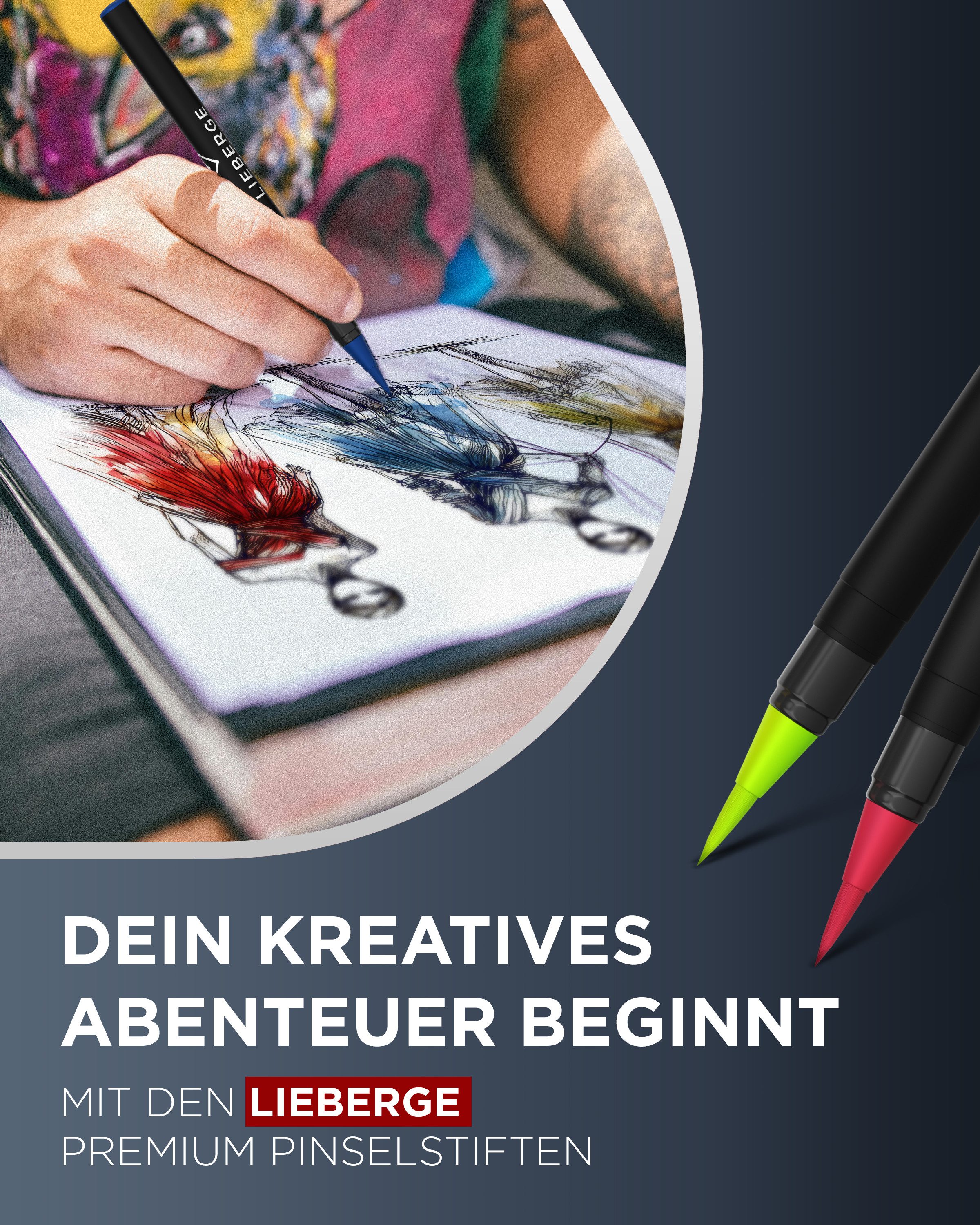 LIEBERGE Pinselstift Premium Set 24 Aquarellfarben + 2 Wassertankpinsel, (Set, 26-tlg., 24 Brush Pens, flexible Pinselspitze, intensive Farben), flexible Pinselspitze, 2 Wassertankpinsel, EN 71 geprüft, Wasserbasis