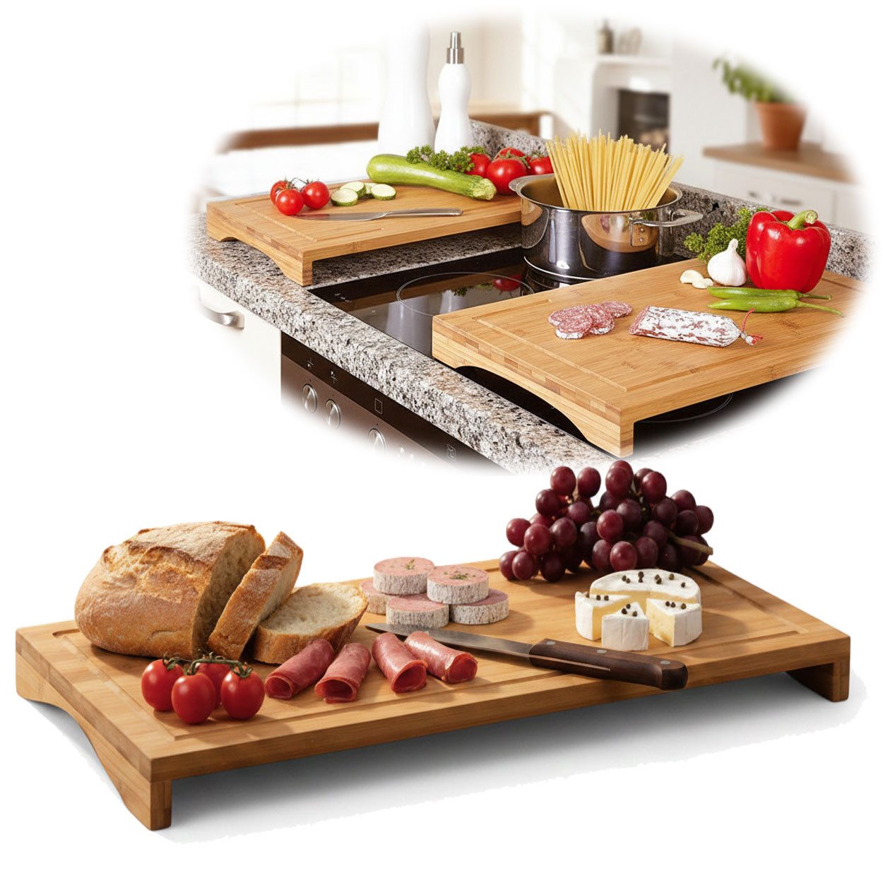 LS-LebenStil Schneide- und Abdeckplatte XL Holz Schneidebrett Herdabdeckplatte 54x28cm FSC Bambus Küchenbrett, Holz, (Tranchierbrett mit Saftrinne, Küchenbrett Holzbrett Servierbrett, 1 tlg., Kochfeld Ceranfeld Herdabdeckung), Schneideplatte Vesperbrett Tapas, FSC zertifiziert