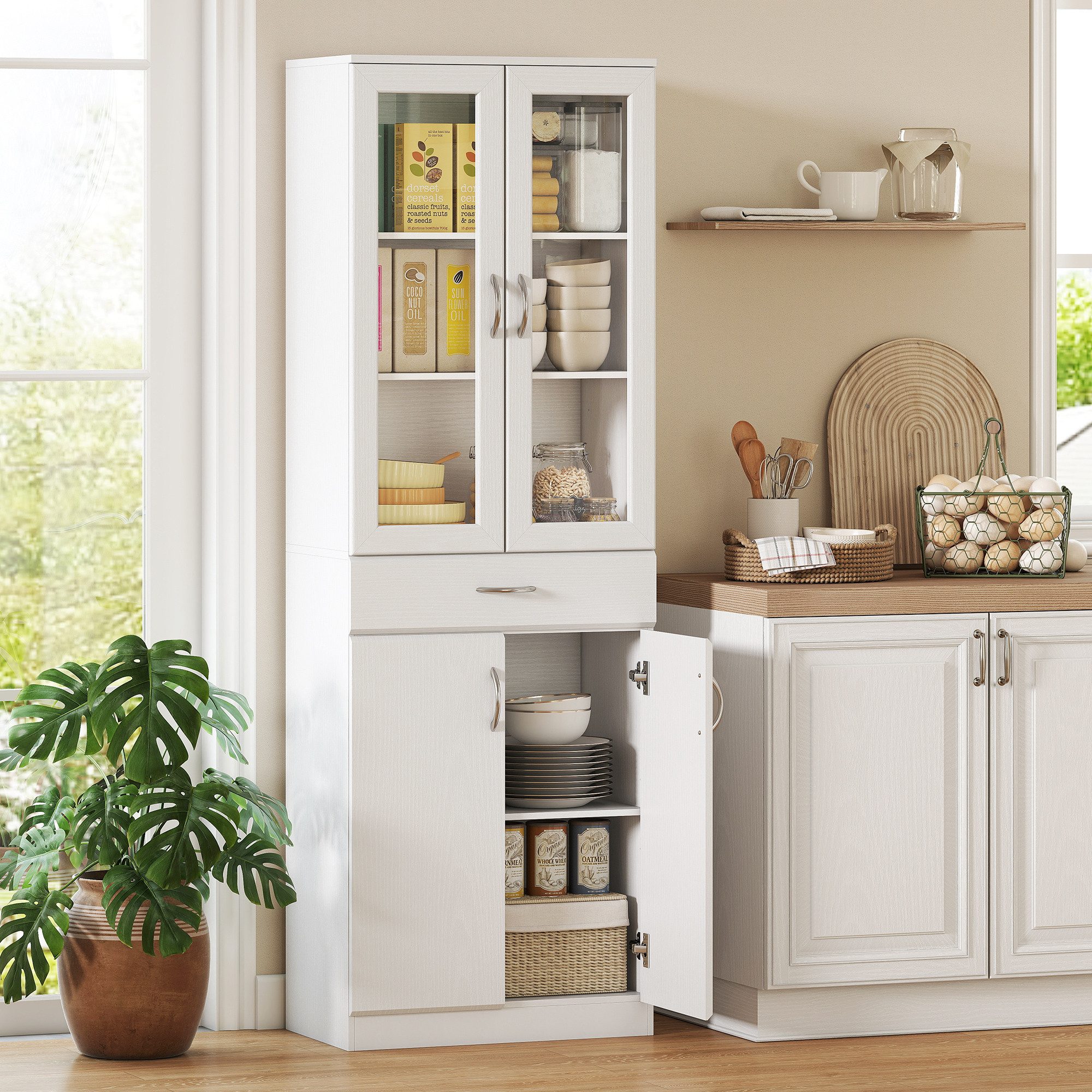 HOMCOM Küchenbuffet Buffetschrank Schublade 2 Schrank mit Glastür Soft-Close-Funktion (Vitrinenschrank, 1-St., Hochschrank) für Küche, Esszimmer, Wohnzimmer 60 x 35 x 180 cm Weiß