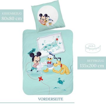 Kinderbettwäsche Mickey Mouse 135x200 + 80x80 cm, 100 % Baumwolle, MTOnlinehandel, Renforcé, 2 teilig, Disney's Mickey Mouse Pluto Donald Duck Bettwäsche für Kinder in mint