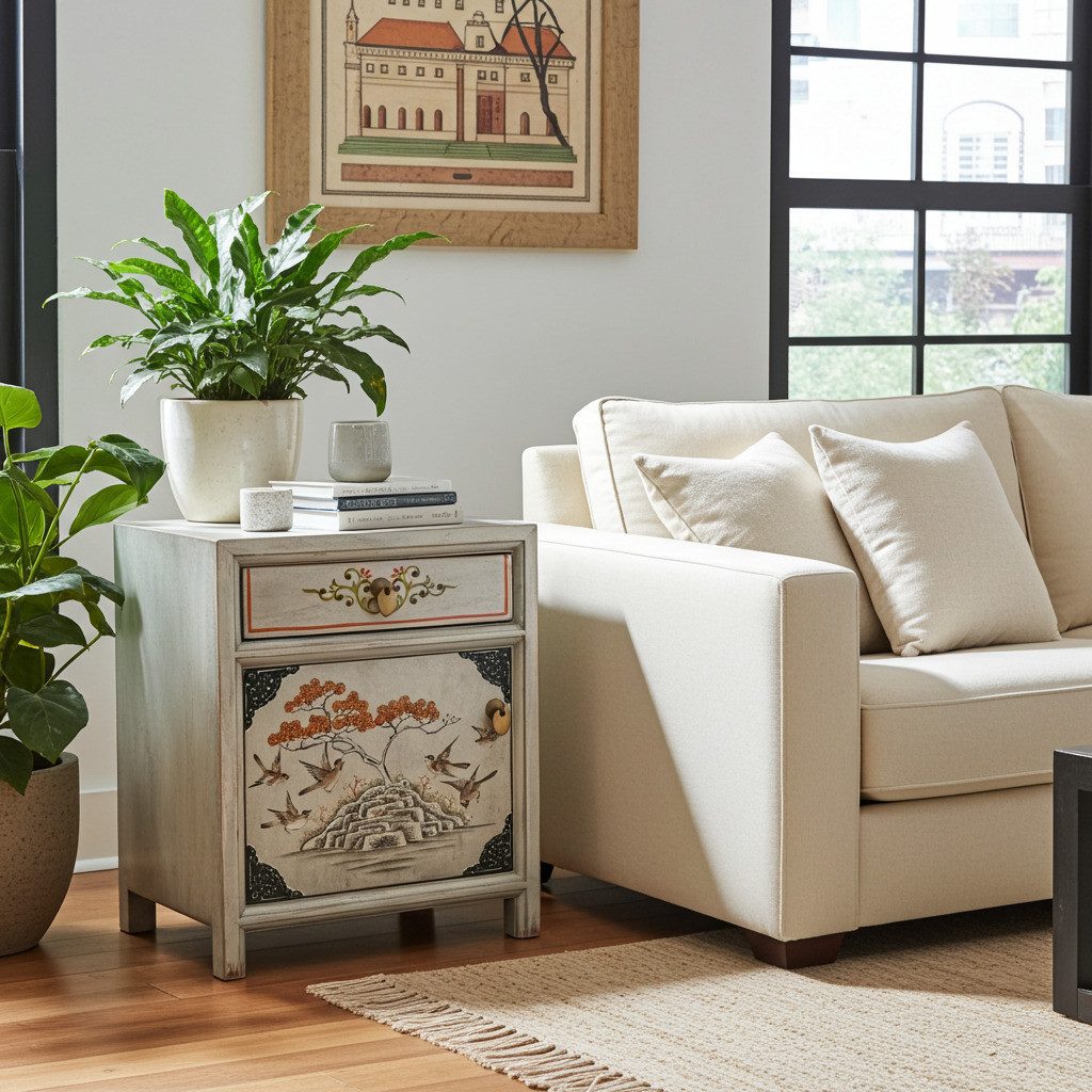 OPIUM OUTLET Nachtkommode Nachtkästchen Nachtschrank Schränkchen Nachtkonsole Kommode (Vintage, Asia Möbel, hellgrau, beige, komplett montiert), asiatisch chinesisch orientalisch fernöstlich