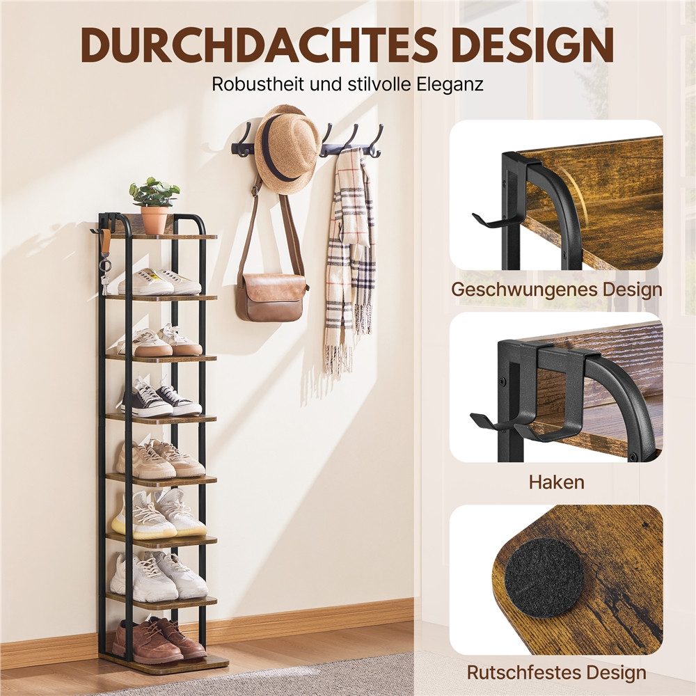 Yaheetech Schuhregal Schmaler Schuhschrank im Vintage-Stil mit Metallkonstruktion, Schuh-Organizer mit 8 Ebenen 30 cm L × 26,5 cm B × 128 cm H – Bild 5 von 5