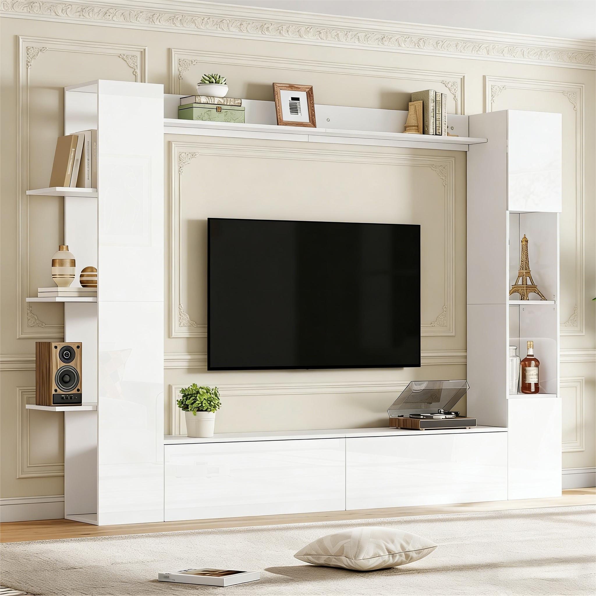 HAUSS SPOLE Wohnzimmer-Set 4-St Kompaktwohnwand mit Aufbewahrungsschrank & TV-Schrank,Wohnzimmer, (Wohnwand mit TV-Bereich, Stauraum und offener Präsentationsstruktur), Offene Regalböden,Großvolumiger Innenraum